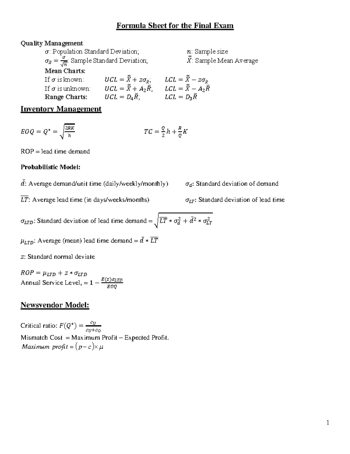 Formula Sheet for the Final Exam - Formula Sheet for the Final Exam ...