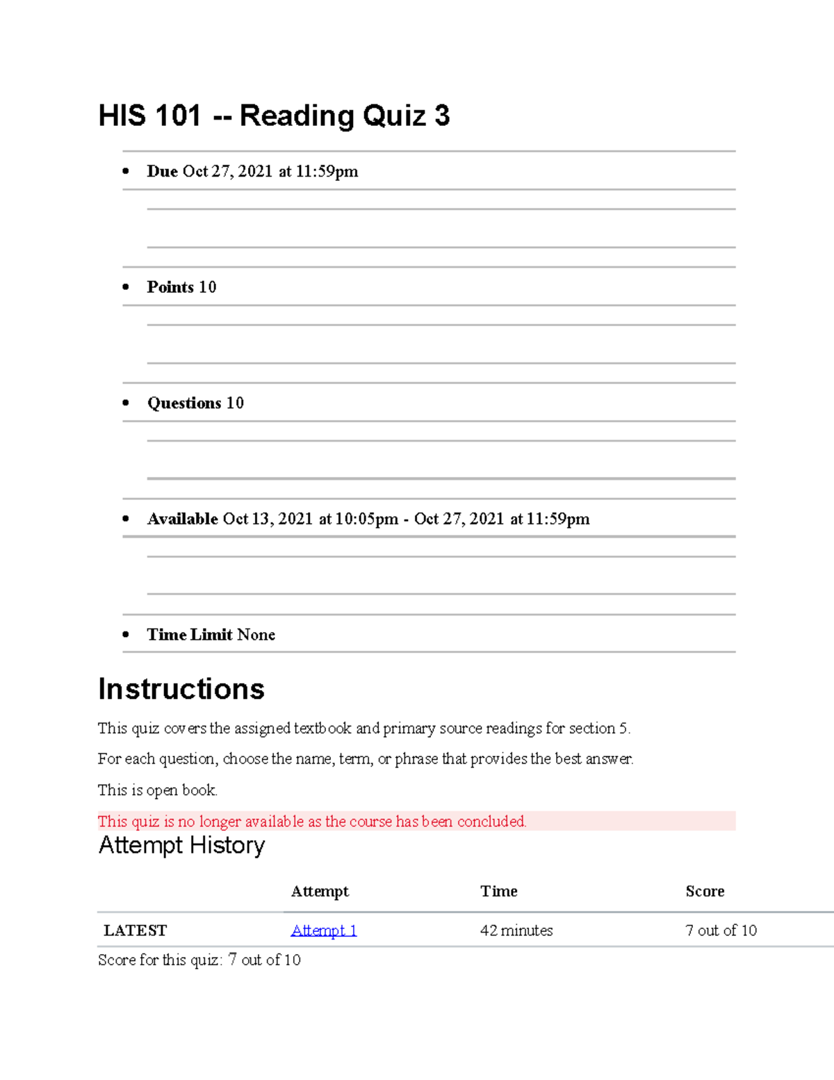 Reading quiz 3 - HIS 101 - Reading Quiz 3 Due Oct 27, 2021 at 11:59pm ...