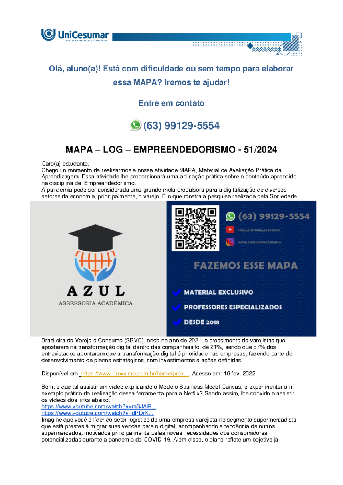 MAPA - LOG - EMPREENDEDORISMO - 51/2024 - Olá, aluno(a)! Está com ...