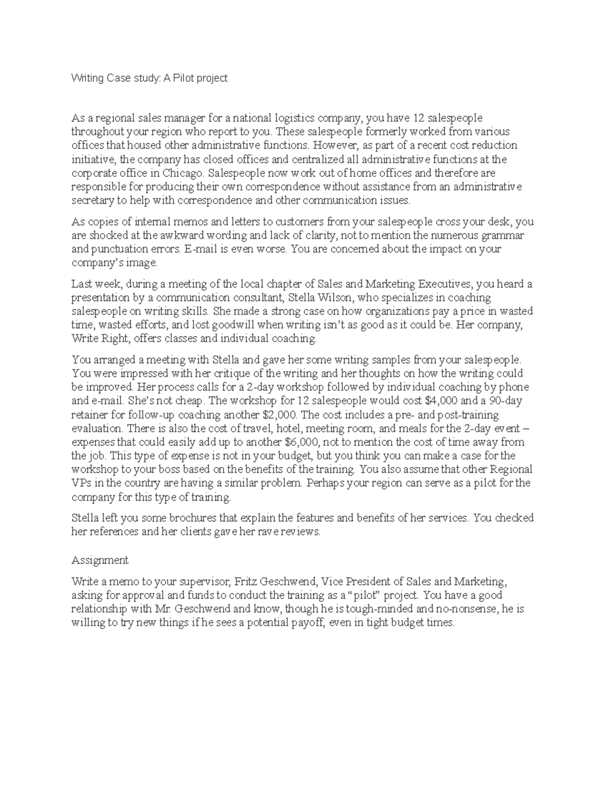 Pilot project Writing Case study - Writing Case study: A Pilot project ...