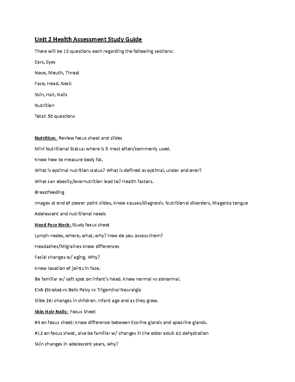 Exam 2 Study Guide NR116 - Unit 2 Health Assessment Study Guide There ...
