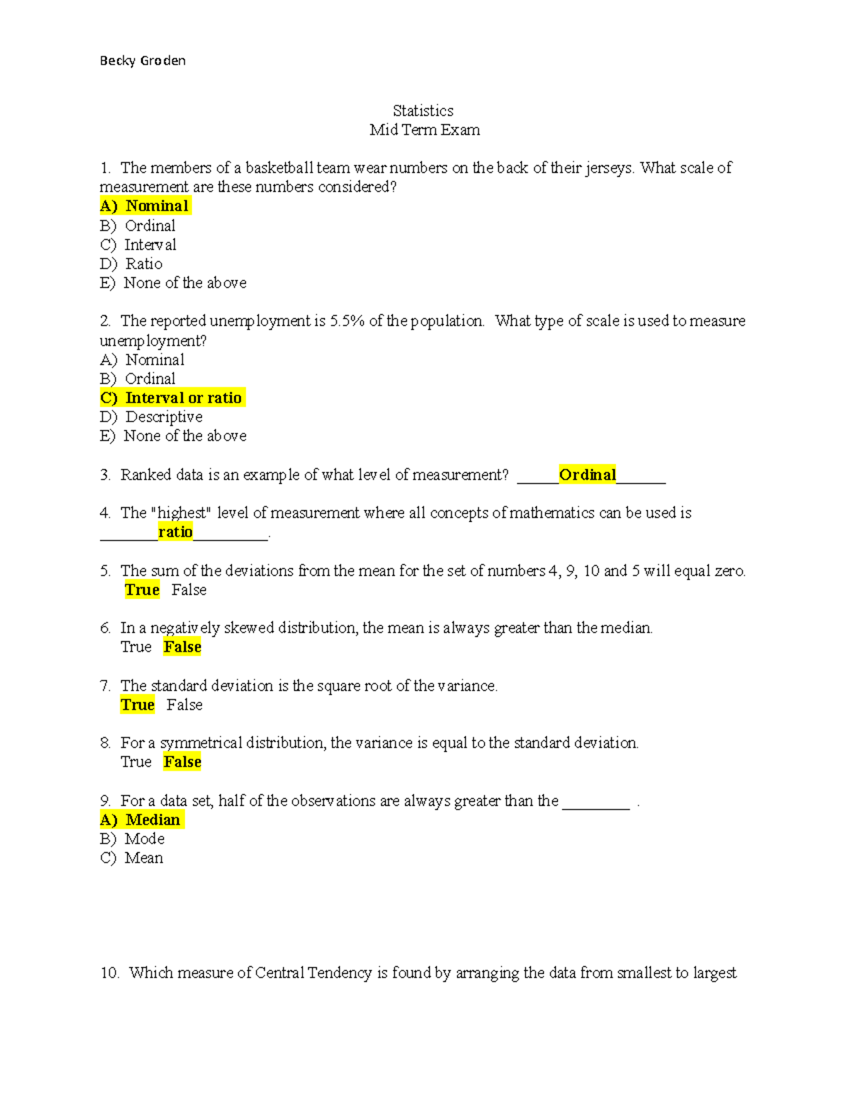 Mid-Term Exam - Mid term exam for stats\ - Statistics Mid Term Exam The ...