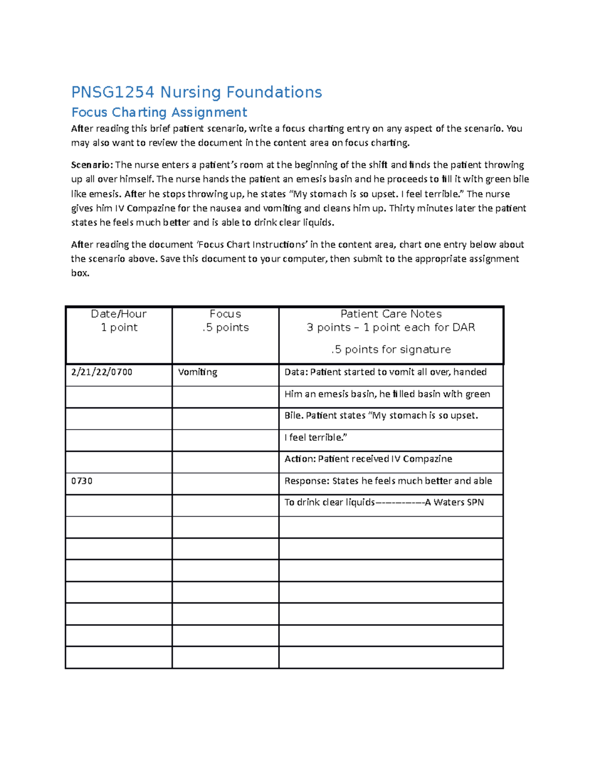 Focus Charting PNSG1254 Nursing Foundations Focus Charting Assignment