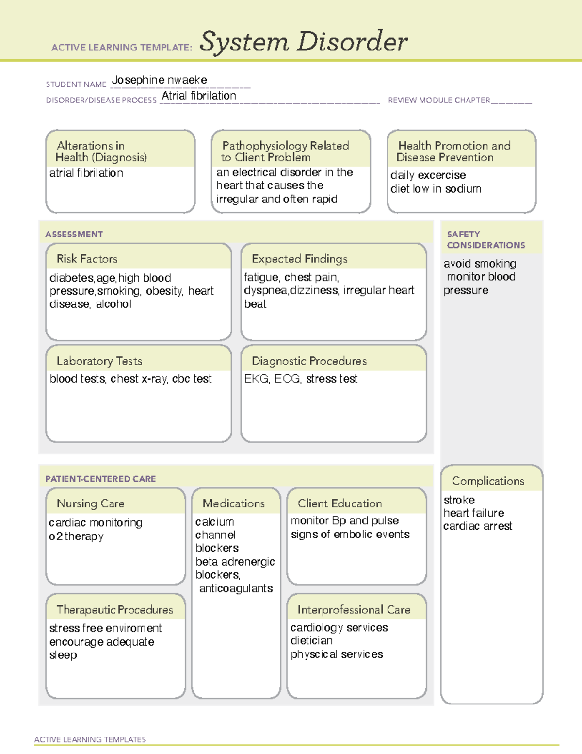 Atrial fibrilation ATI TEMPLATES ACTIVE LEARNING TEMPLATES System