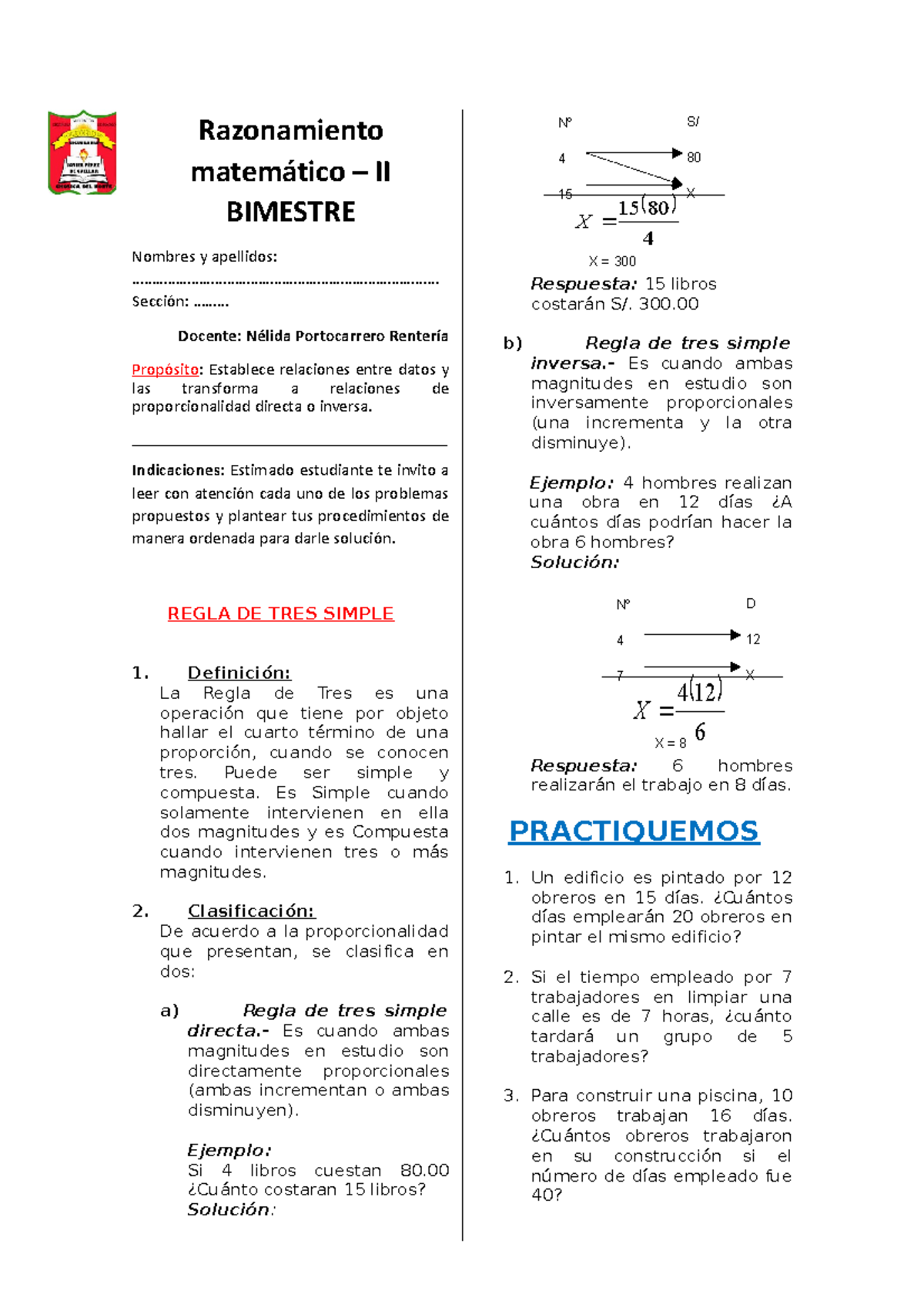 Razonamiento matemático 2do-primera actividad-II BIM - Nº 4 15 S/ 80 X ...