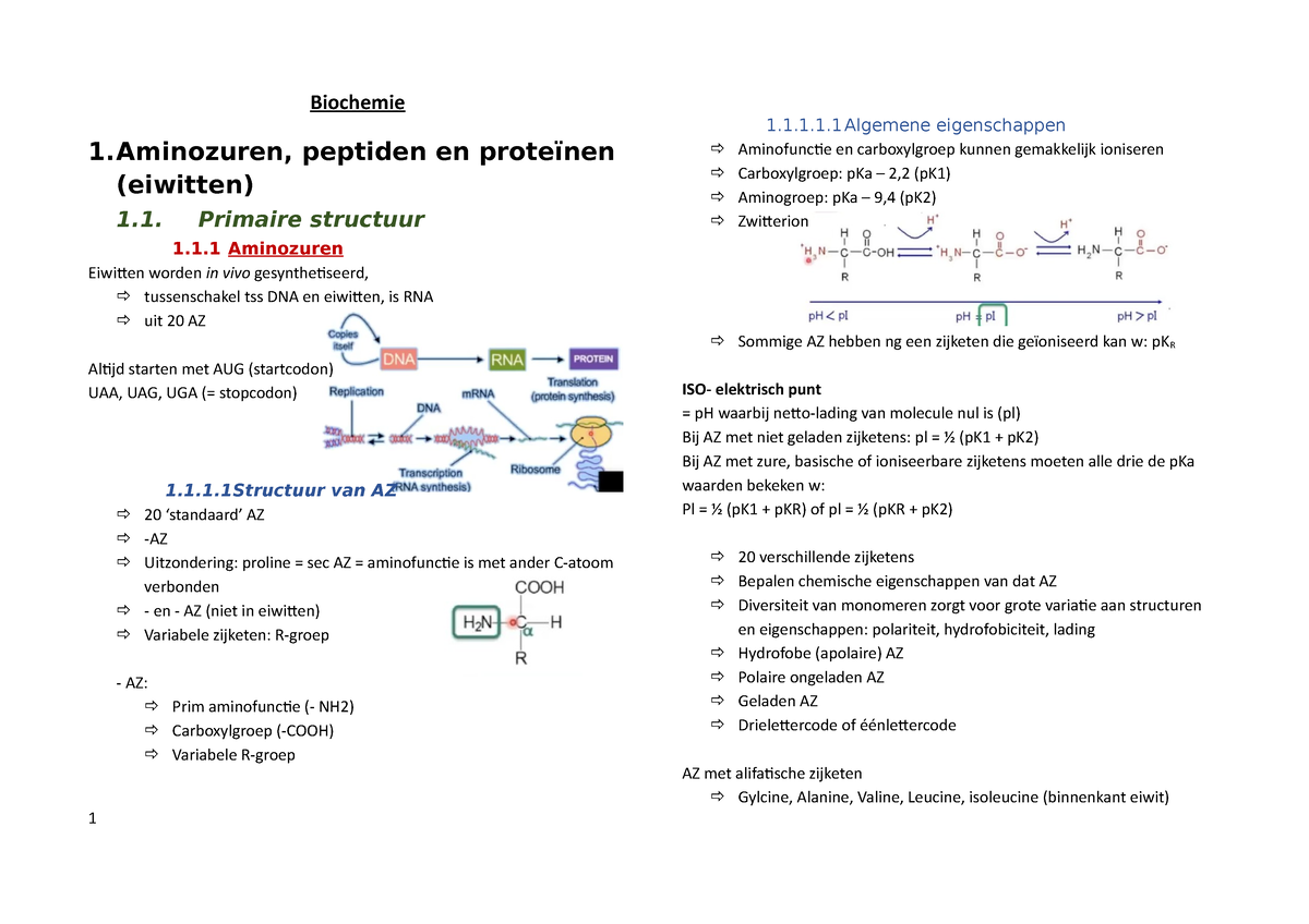 Biochemie Samenvatting Theorie Biochemie 1 Peptiden En Proteïnen Eiwitten 1 Primaire 6889