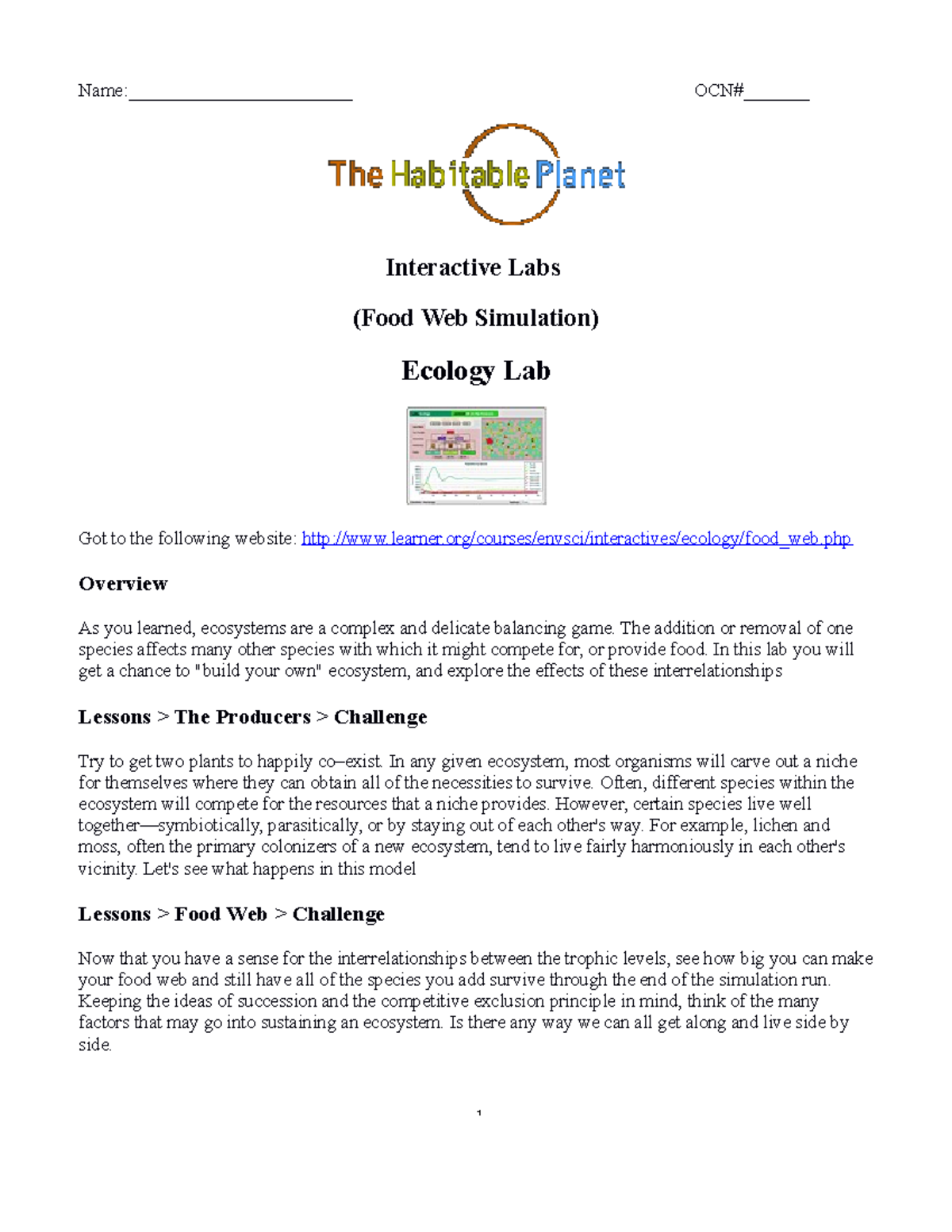 Simulation Food  Ecology Name________________________ OCN