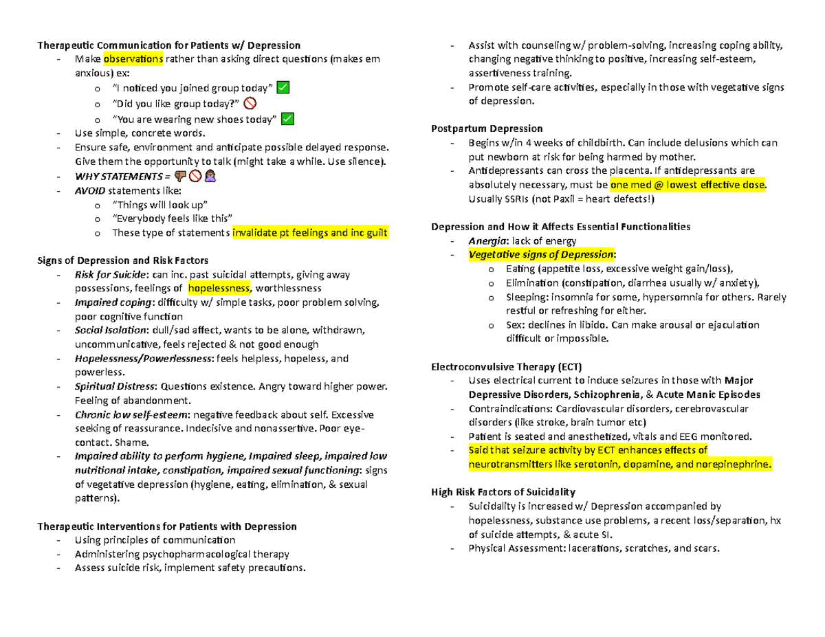 RN 222 Exam 3 study guide - Therapeutic Communication for Patients w ...