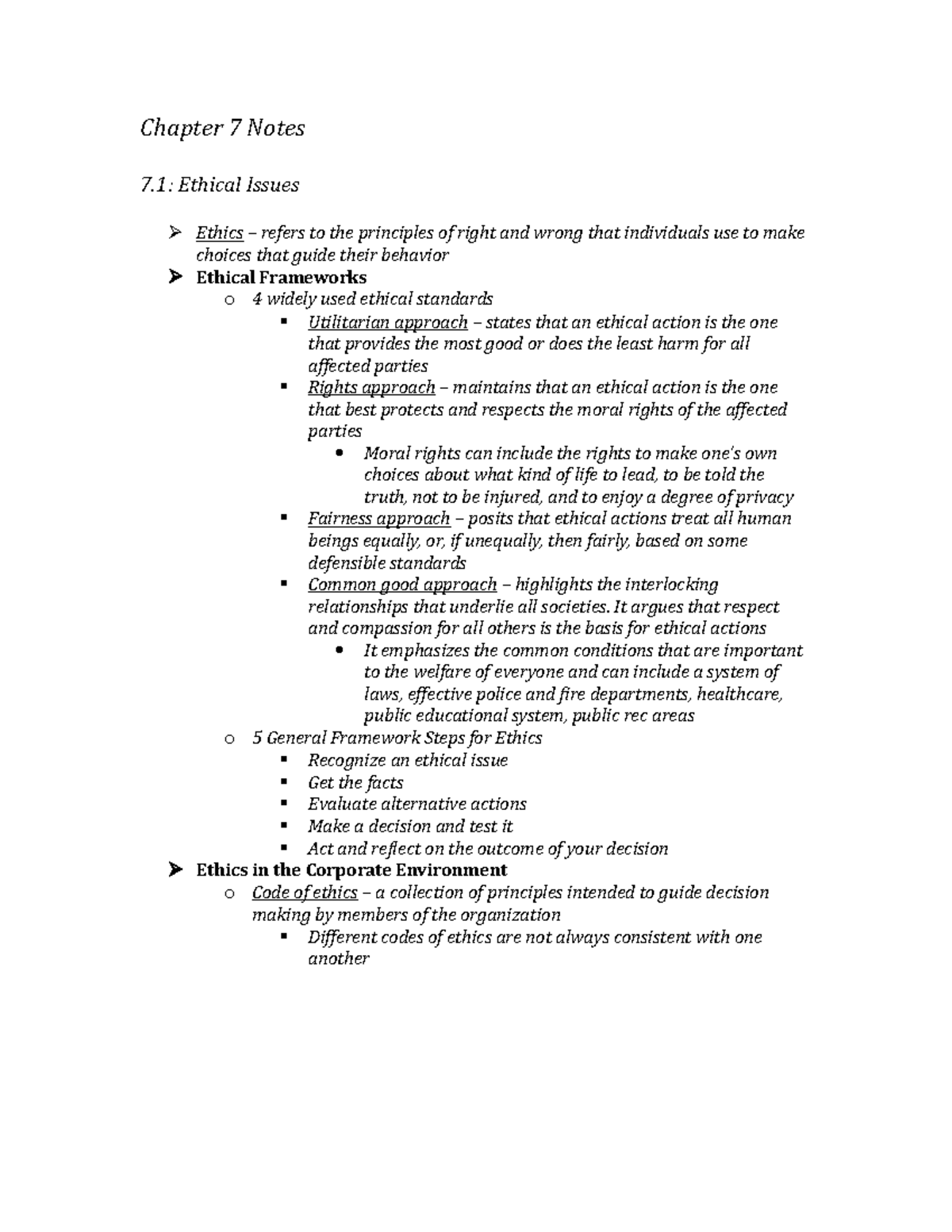 Chapter 7 - Karabelas - Chapter 7 Notes 7: Ethical Issues Ethics ...