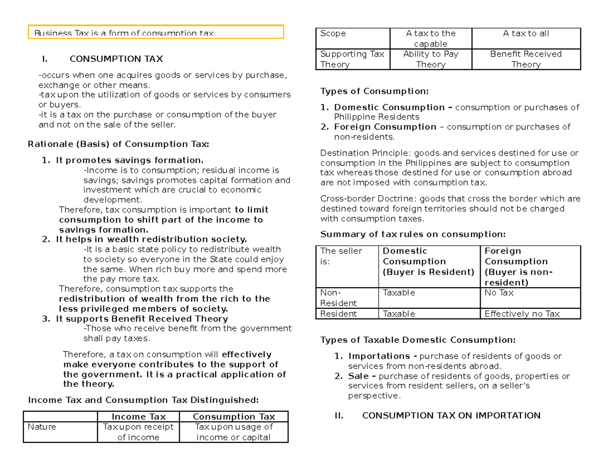 Transfer Tax Notes - I. CONSUMPTION TAX -occurs when one acquires goods ...