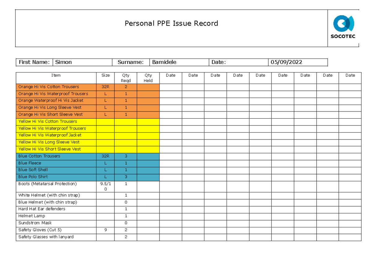 Blank PPE Form - hope it helps - Personal PPE Issue Record First Name ...