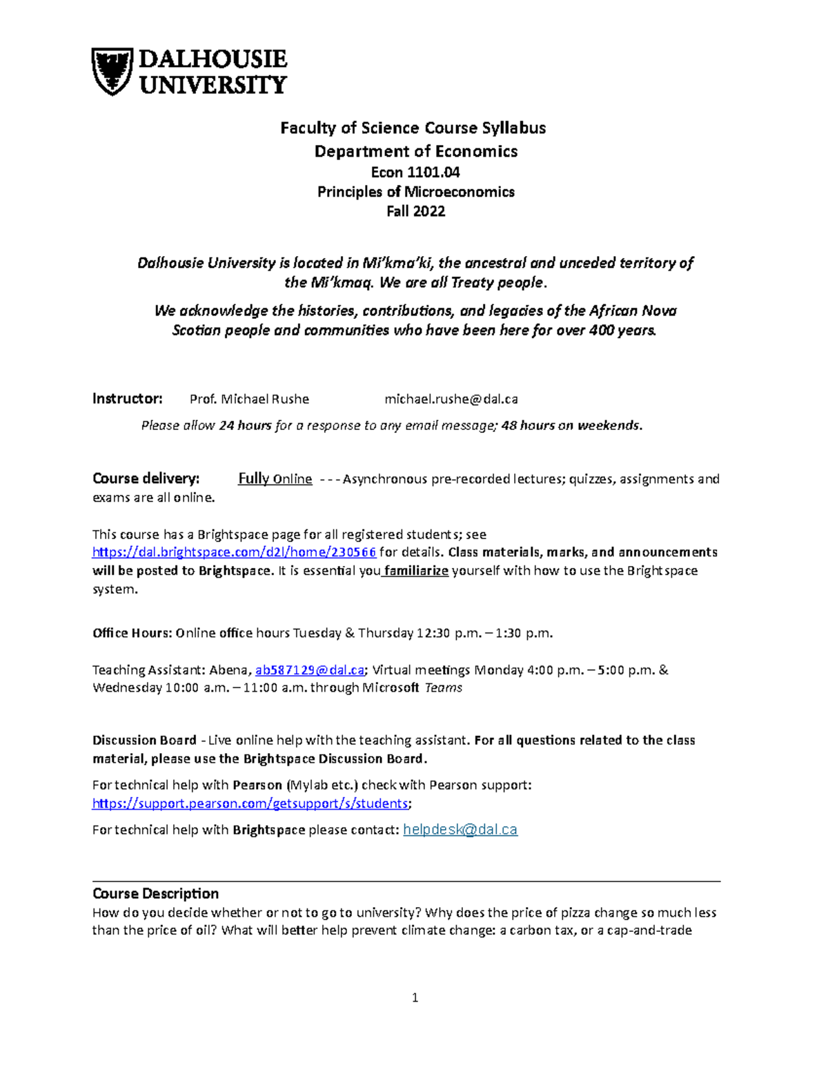 Econ1101.04 Course Syllabus Fall 2022 Prof. Rushe Faculty of