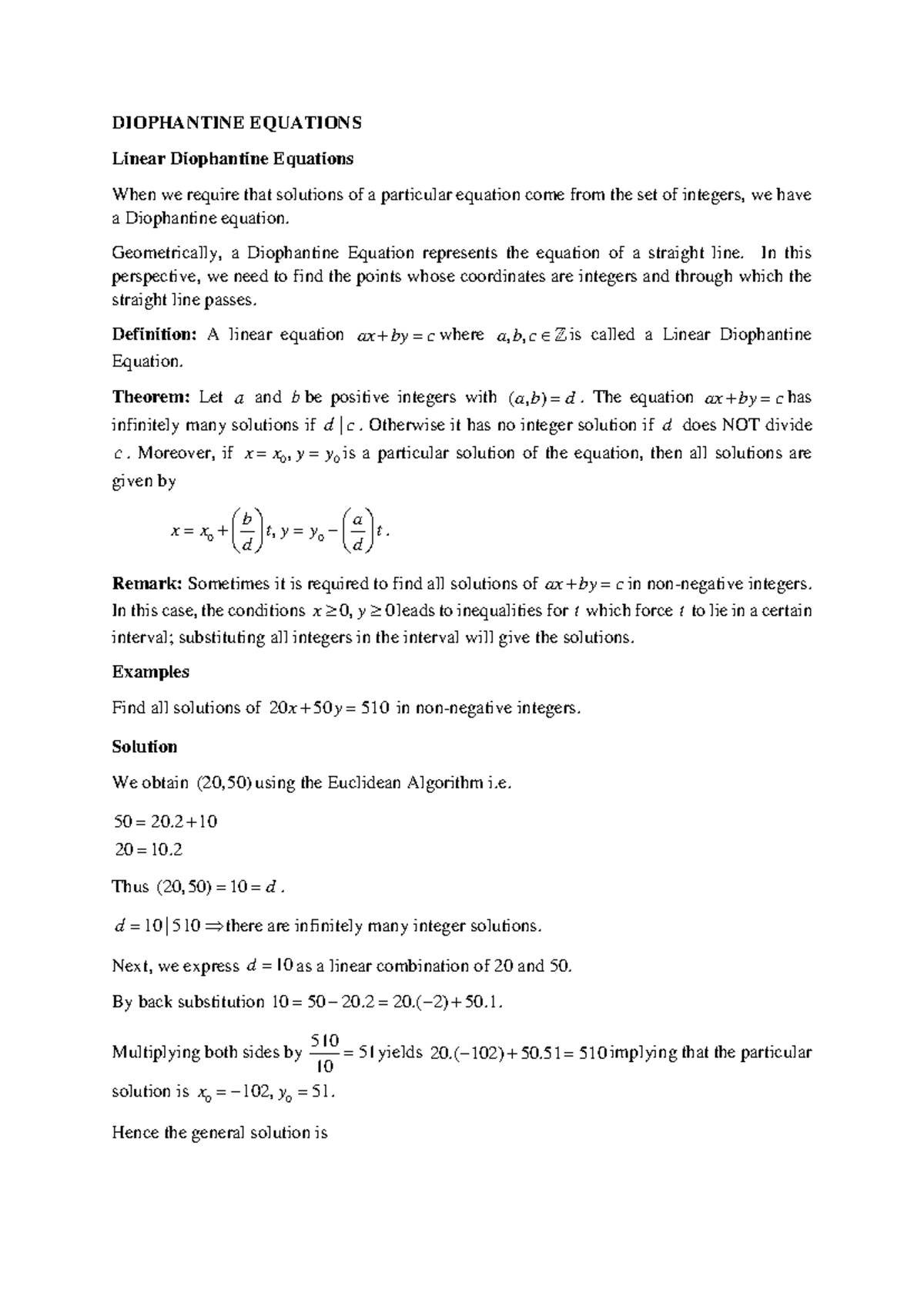 Number Theory ( Diophantine Equations) - DIOPHANTINE EQUATIONS Linear ...