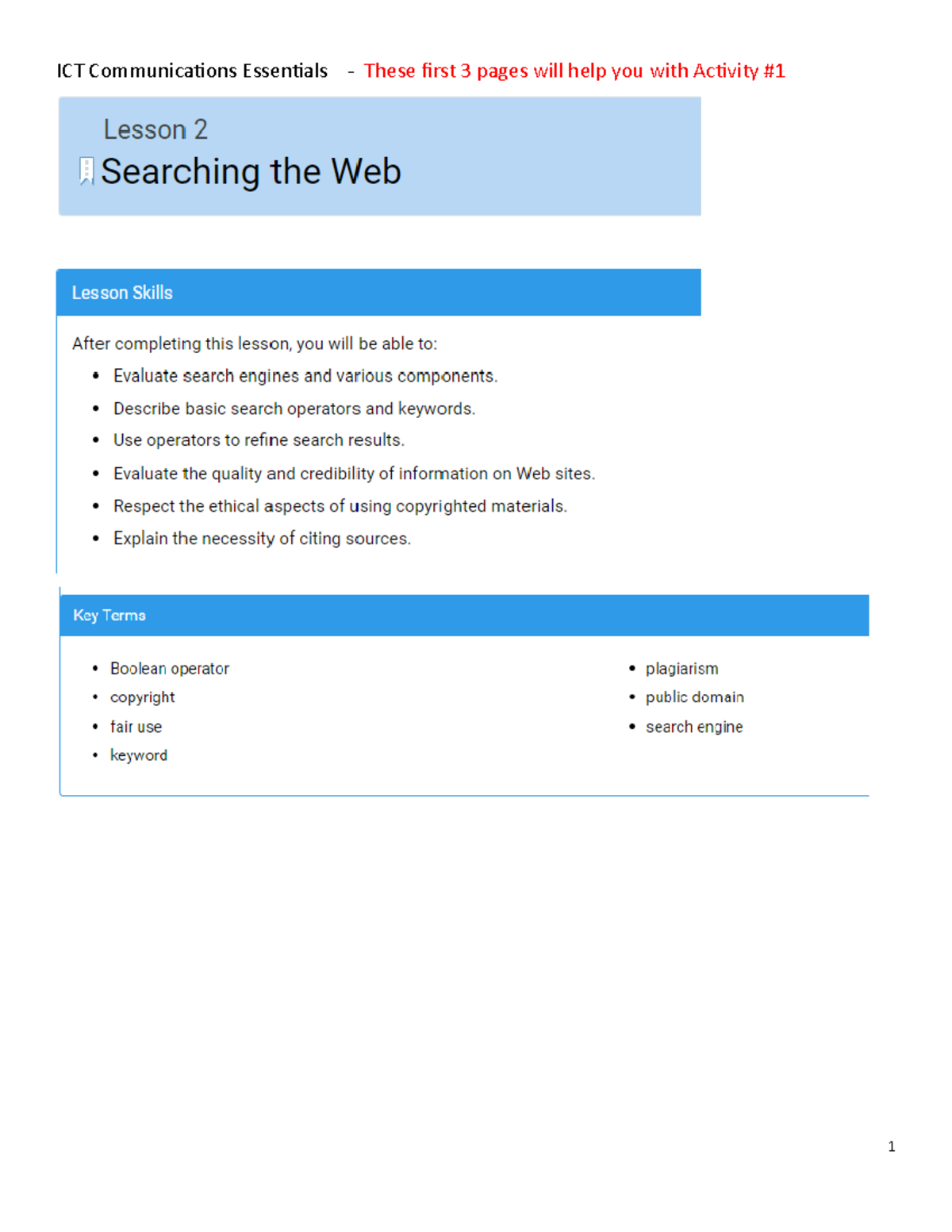 Reading Lesson 2 ICT Communication Essentials ICT Communications