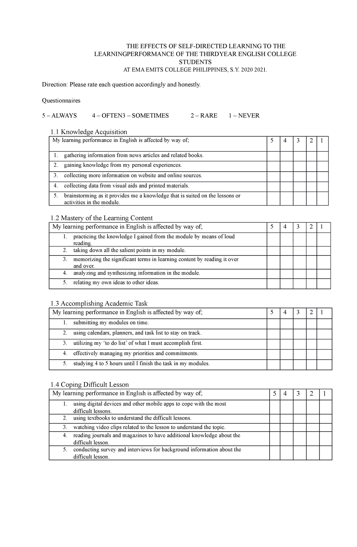 Questionaires - detailed - THE EFFECTS OF SELF-DIRECTED LEARNING TO THE ...