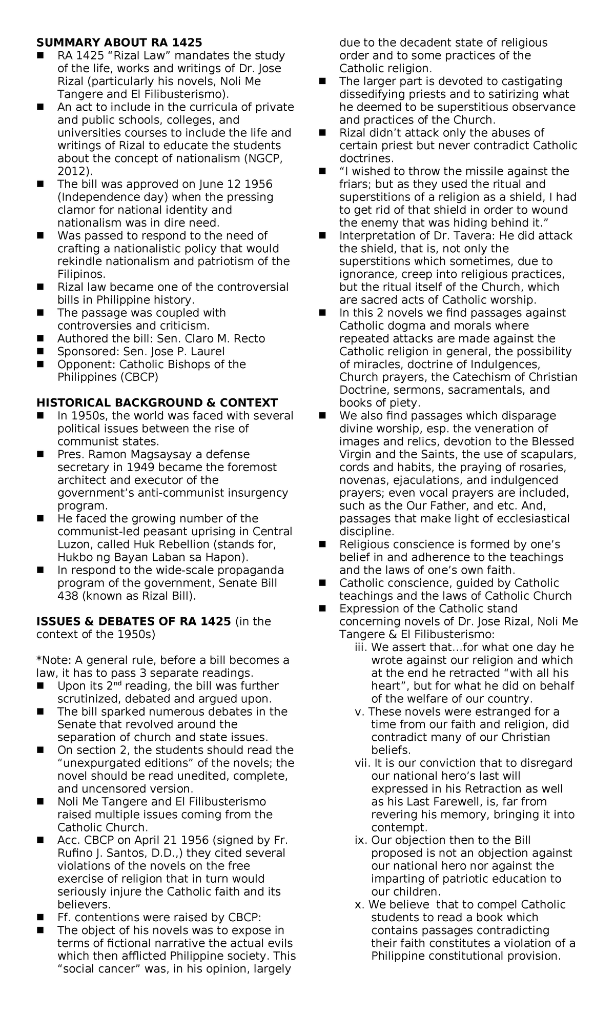 GE 9 Midterm Reviewer - SUMMARY ABOUT RA 1425 RA 1425 “Rizal Law ...
