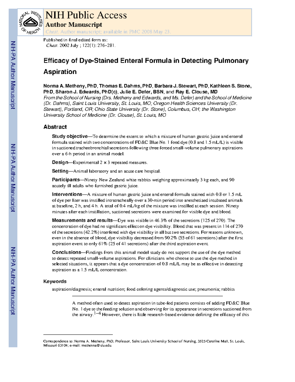 Efficacy of Dye Stained Enteral Formula - Metheny, PhD, Thomas E. Dahms ...