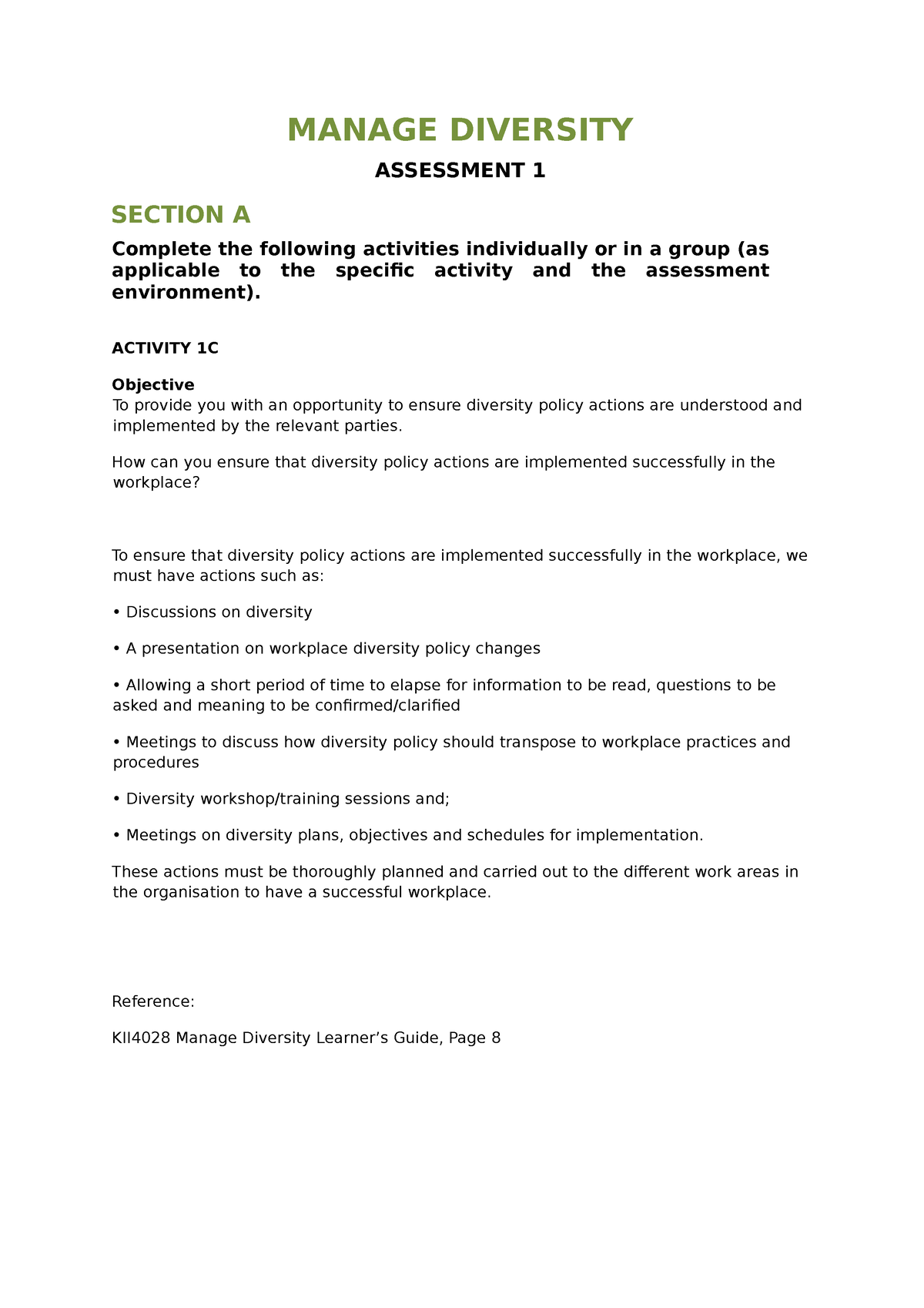 Manage Diversity Assessment 1 Section 1 Activity 1C - MANAGE DIVERSITY ...