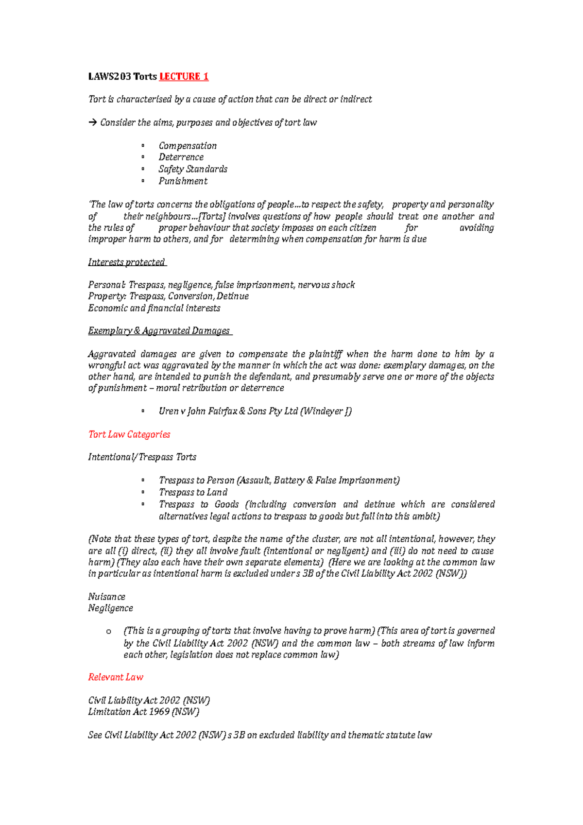 LAWS203 Lectures 1-5 - LAWS203 Torts LECTURE 1 Tort Is Characterised By ...