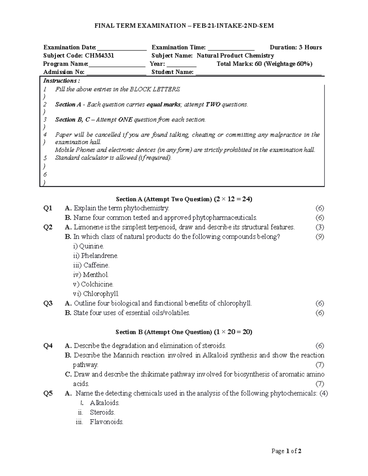 Final Exam - Natural Product Chemistry - NOUN - Studocu