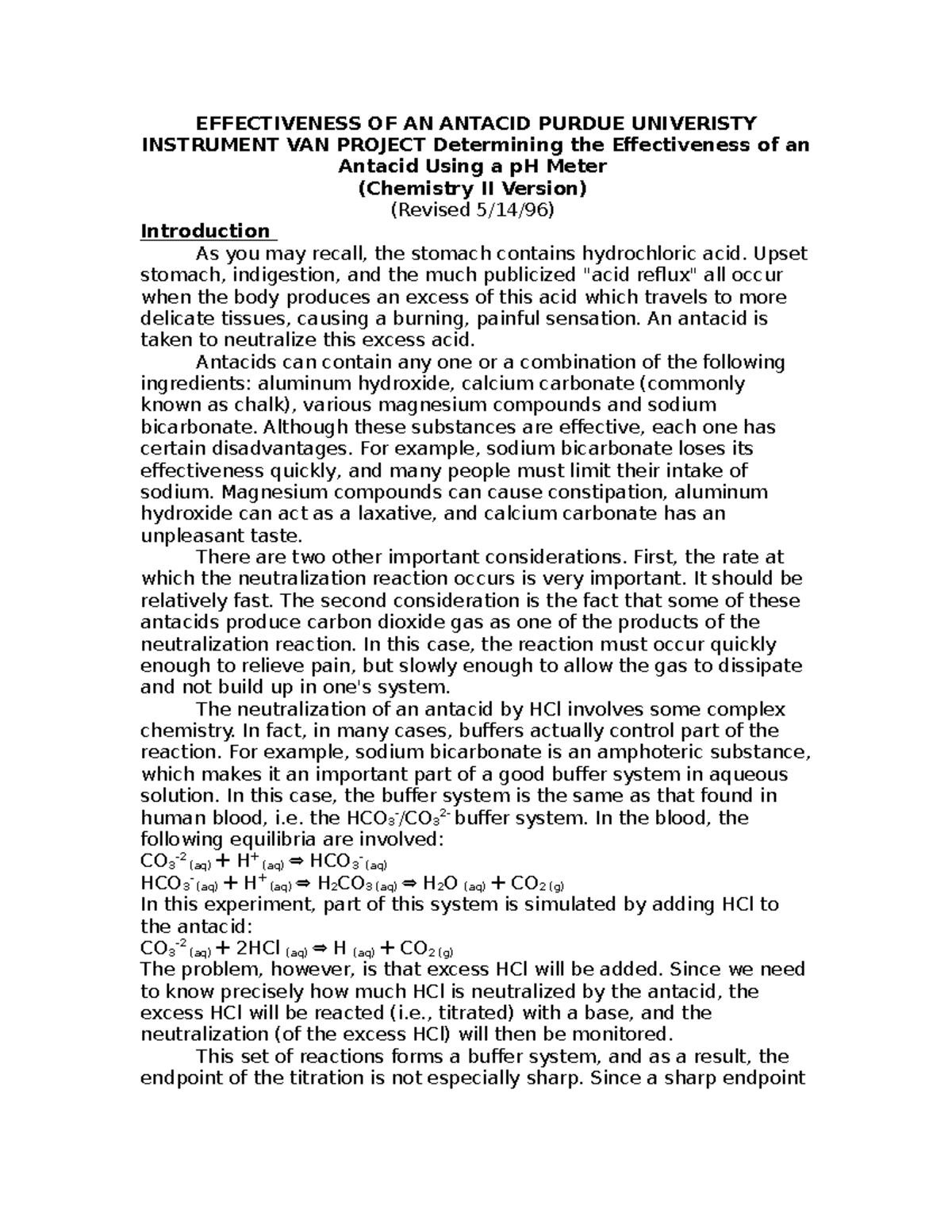 Effectiveness OF AN Antacid Purdue Univeristy Instrument VAN Project