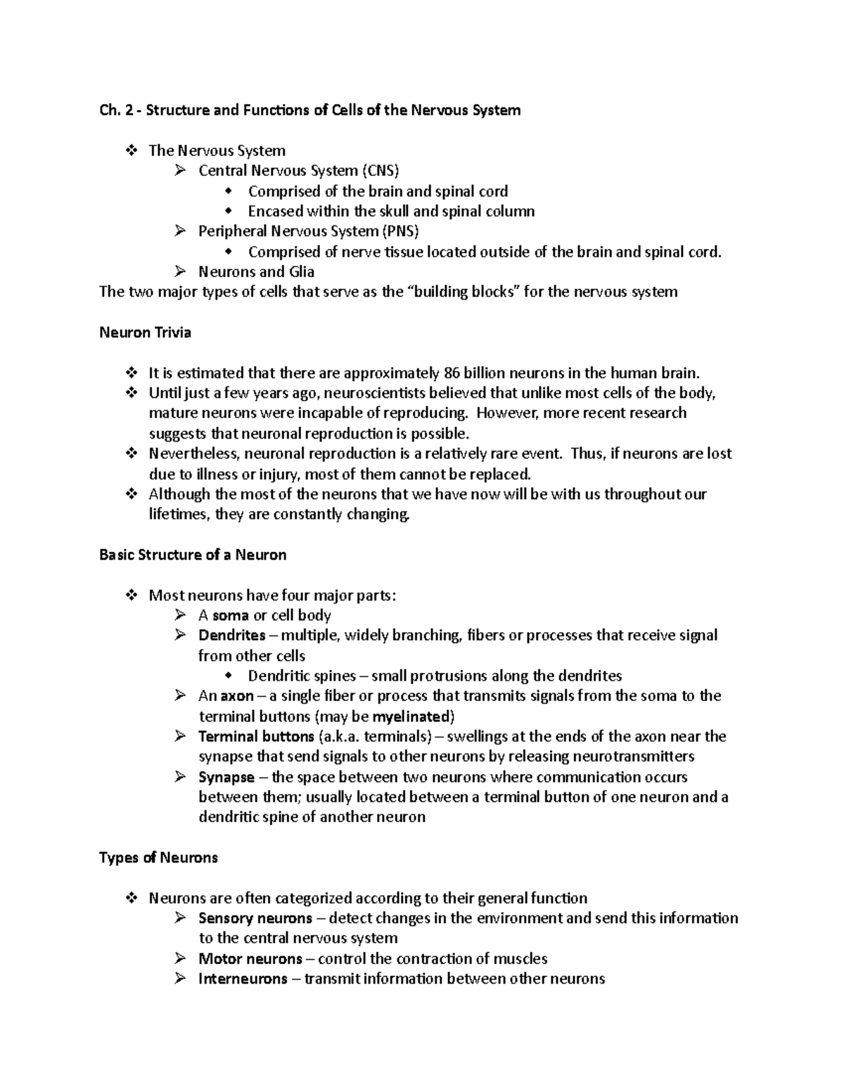 Neuroscience ch 2 Notes - Ch. 2 - Structure and Functions of Cells of ...