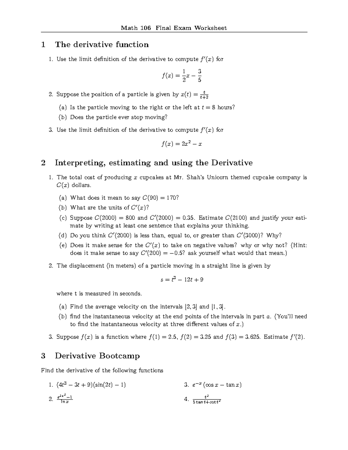 Final Exam Review (1)-1 - 1 The derivative function Use the limit ... image.