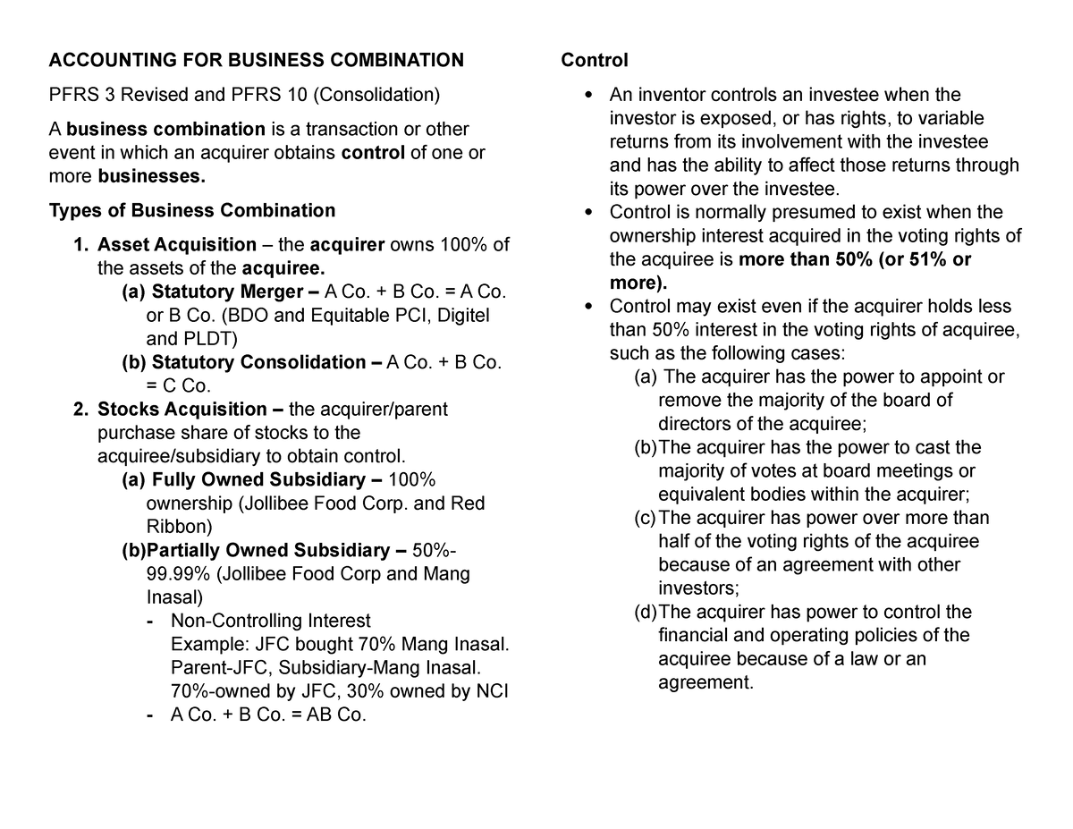 Accounting FOR Business Combination Notes - ACCOUNTING FOR BUSINESS ...