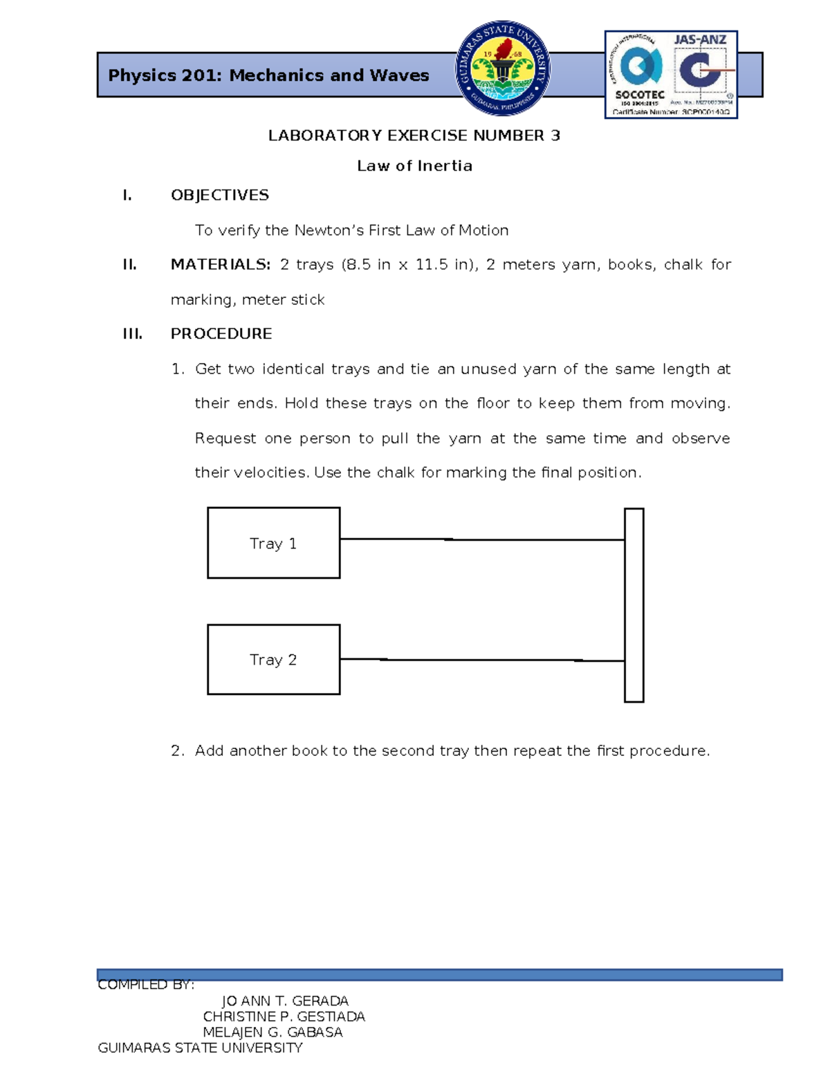 Laboratory Exercise Number 3 - Physics 201: Mechanics and Waves ...