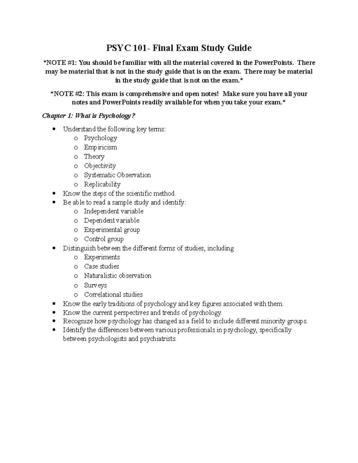 Final Exam Study Guide - PSYC 101- Final Exam Study Guide NOTE #1: You ...