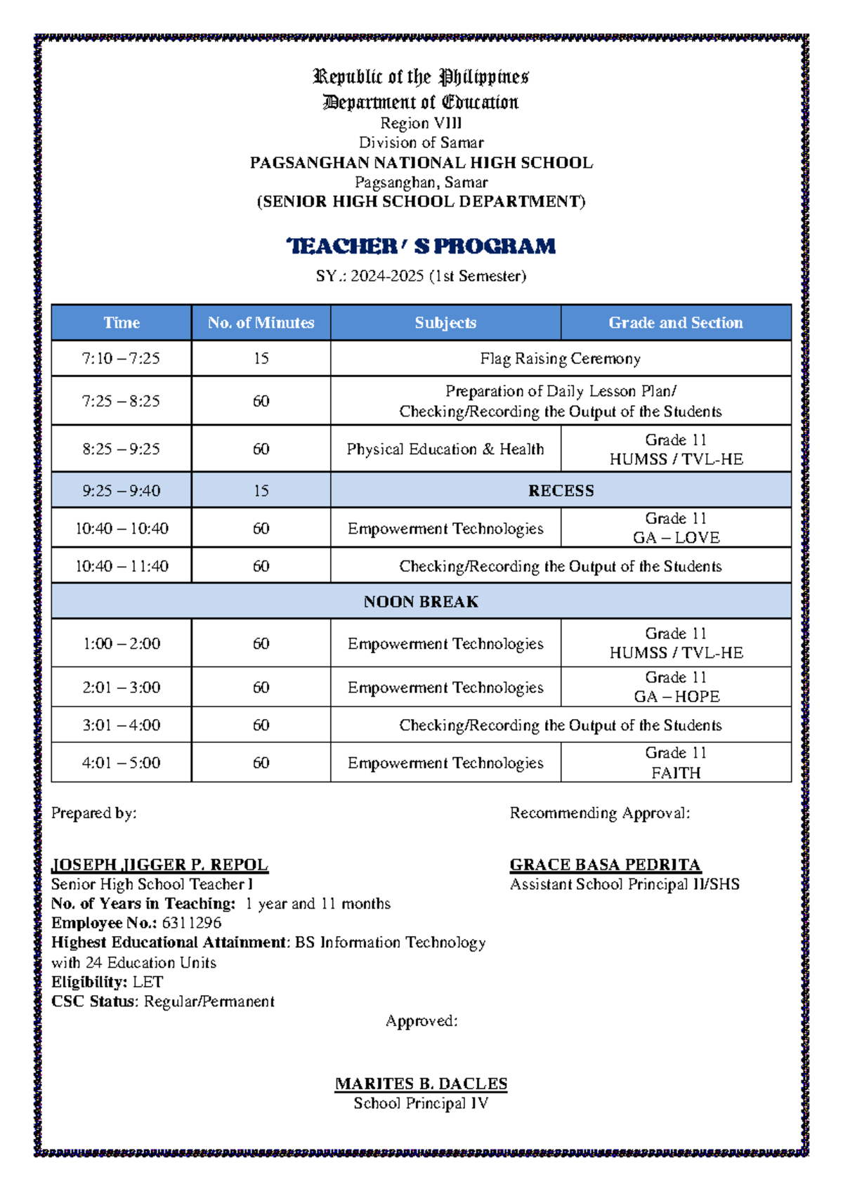 Teacher and Class program - Republic of the Philippines Department of ...