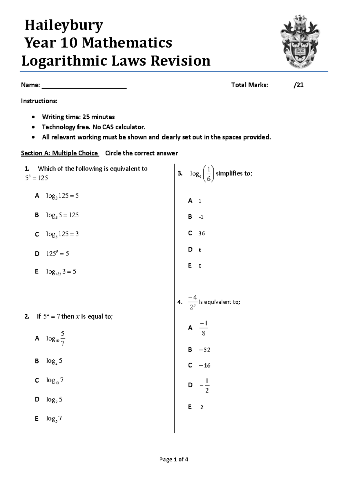 Logarithms Revision Test Haileybury Year 10 Mathematics Logarithmic