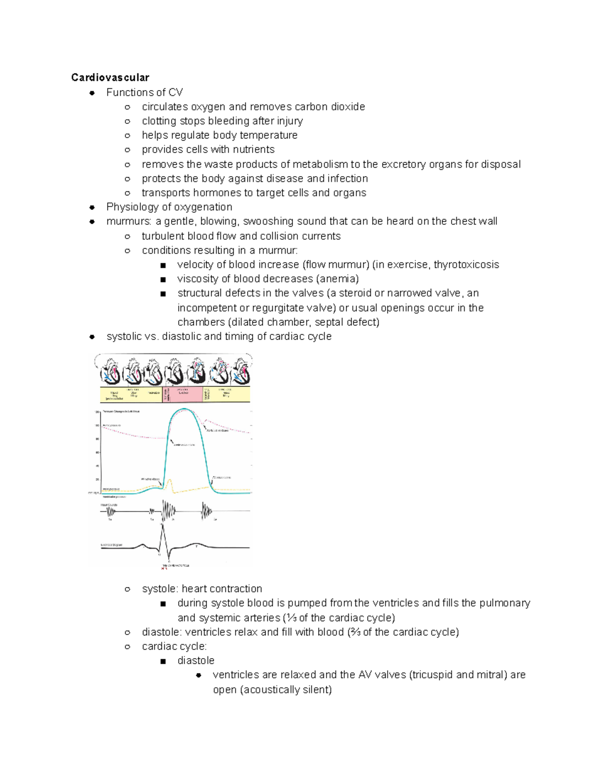 Assessment Final Exam Review Cardiovascular Functions of CV