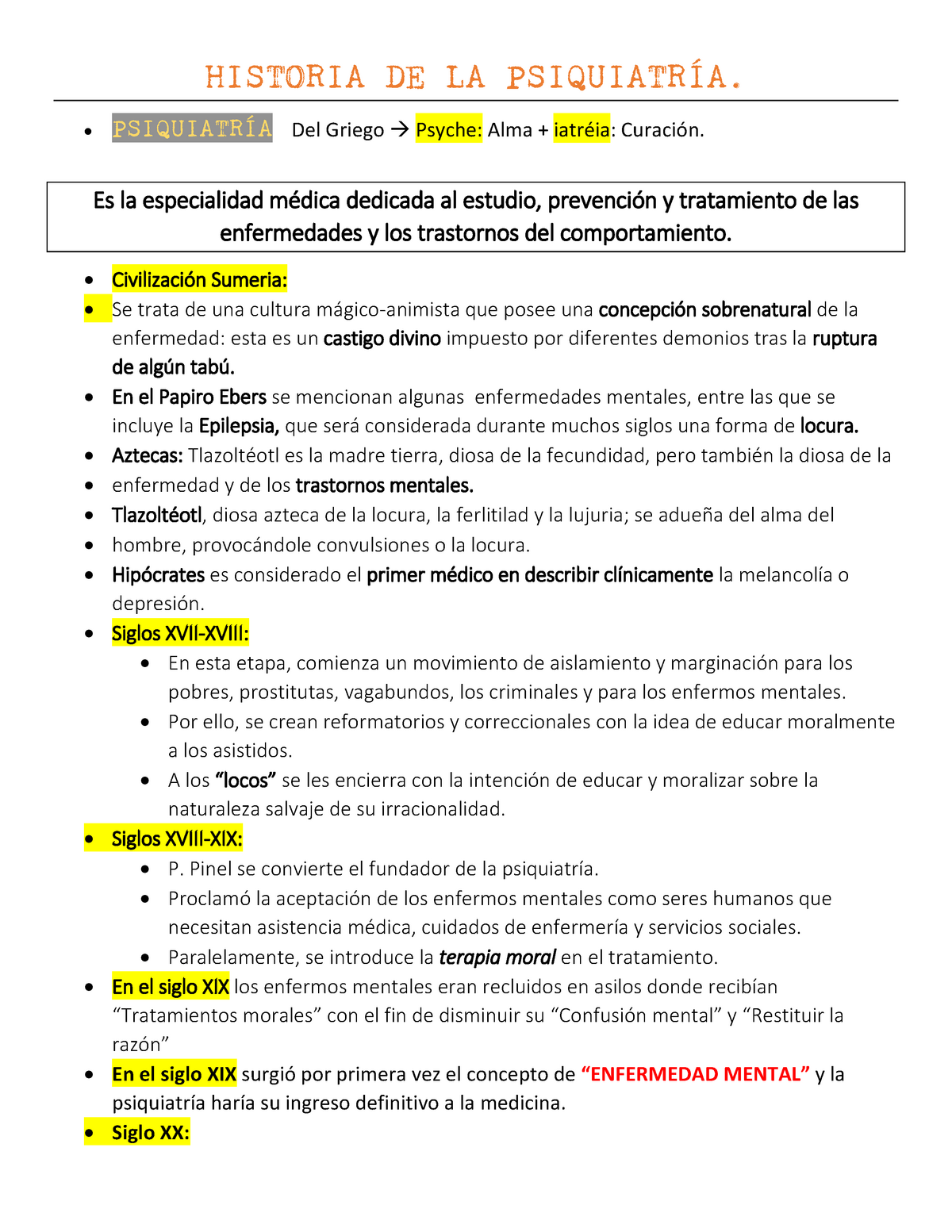 Historia De La PsiquiatrÍa Historia De La PsiquiatrÍa PsiquiatrÍa Del Griego Psyche Alma