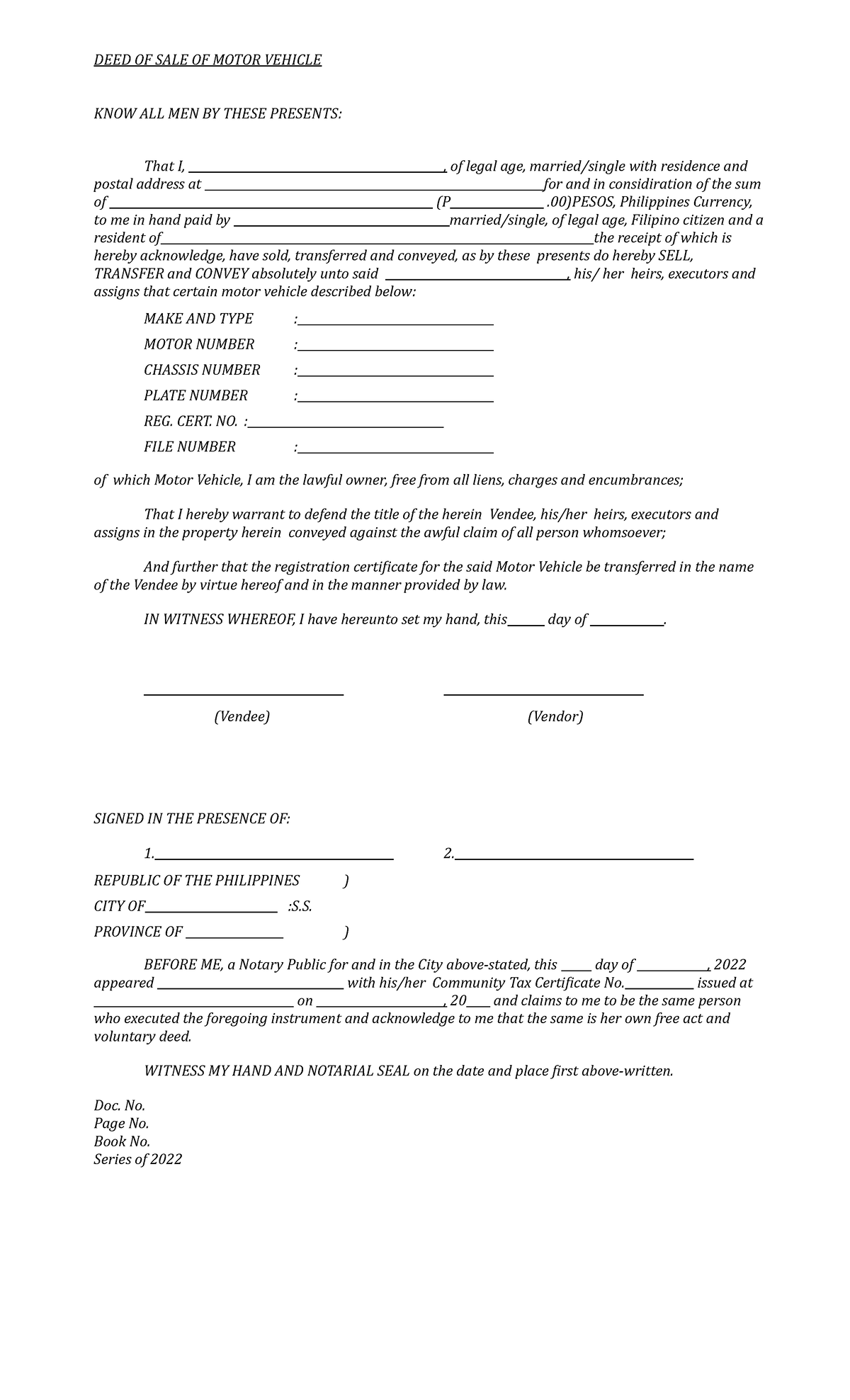 DEED OF SALE OF Motor Vehicle (sample) - DEED OF SALE OF MOTOR VEHICLE ...