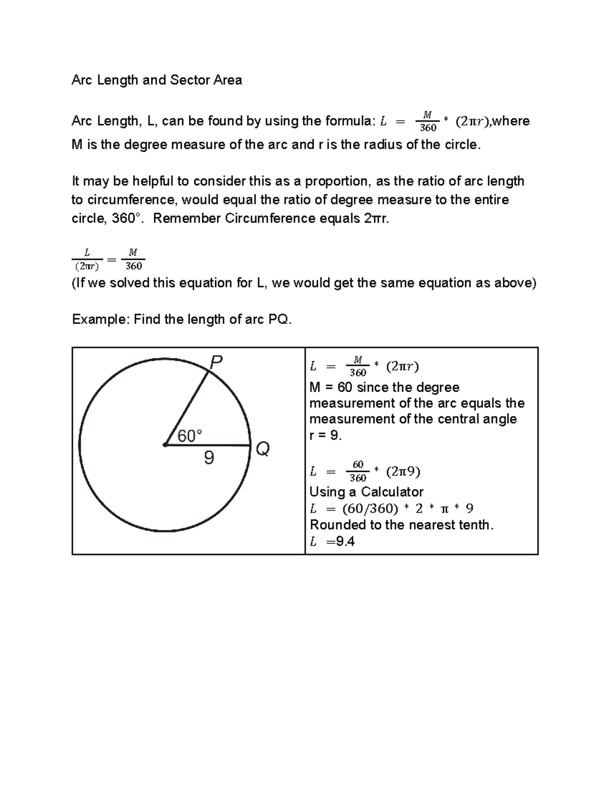 Arc Length And Sector Area Notes - Arc Length And Sector Area Arc ...