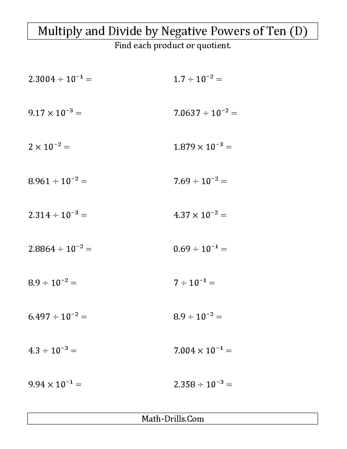 Powersoften mixed decimal neg exponent 004 Multiply and Divide by Negative Powers of Ten (D
