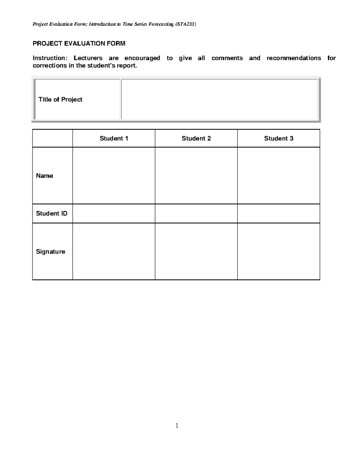 5.0 Rubric Evaluation Form STA233 - Project Evaluation Form ...