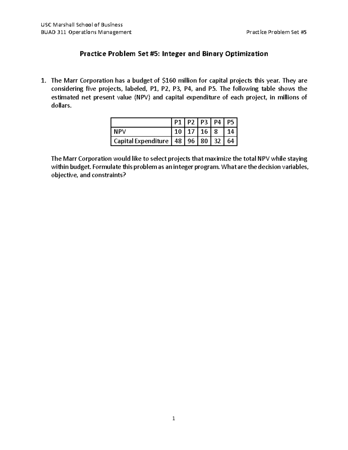 BUAD 311 Practice Problem Set 5 - BUAD 311 Operations Management ...