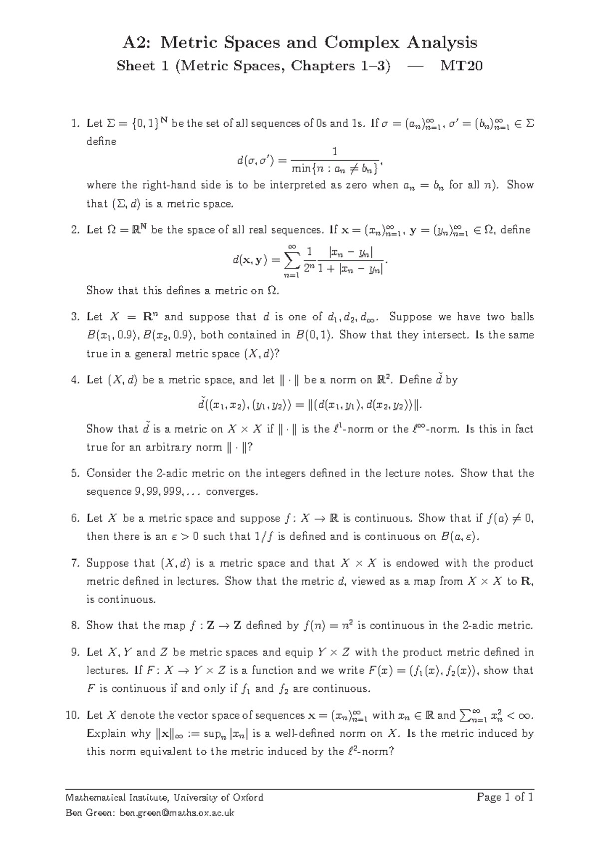 Sheet 1 - Lecture Notes - A2: Metric Spaces and Complex Analysis Sheet ...