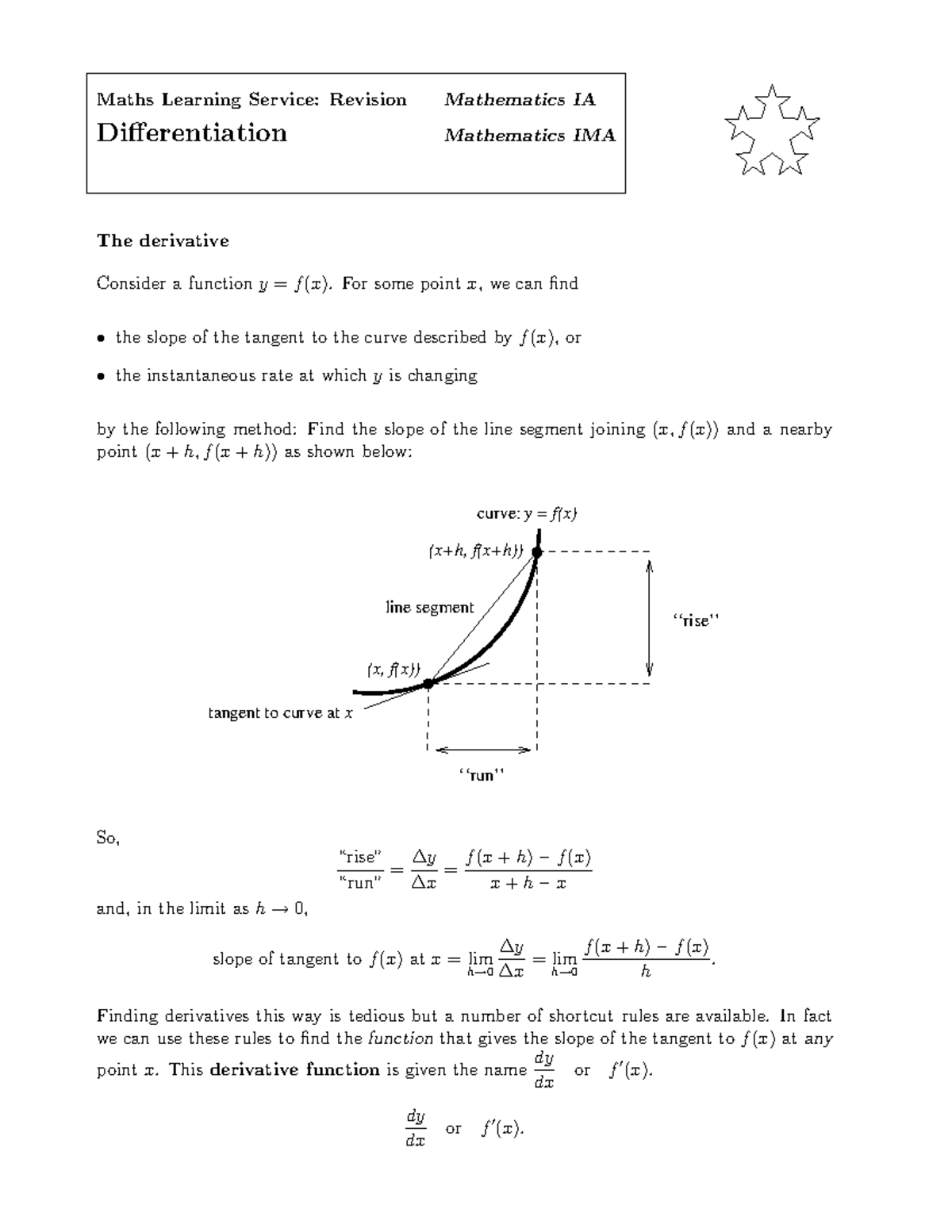Lecture notes Differentiation Revision - Maths Learning Service ...