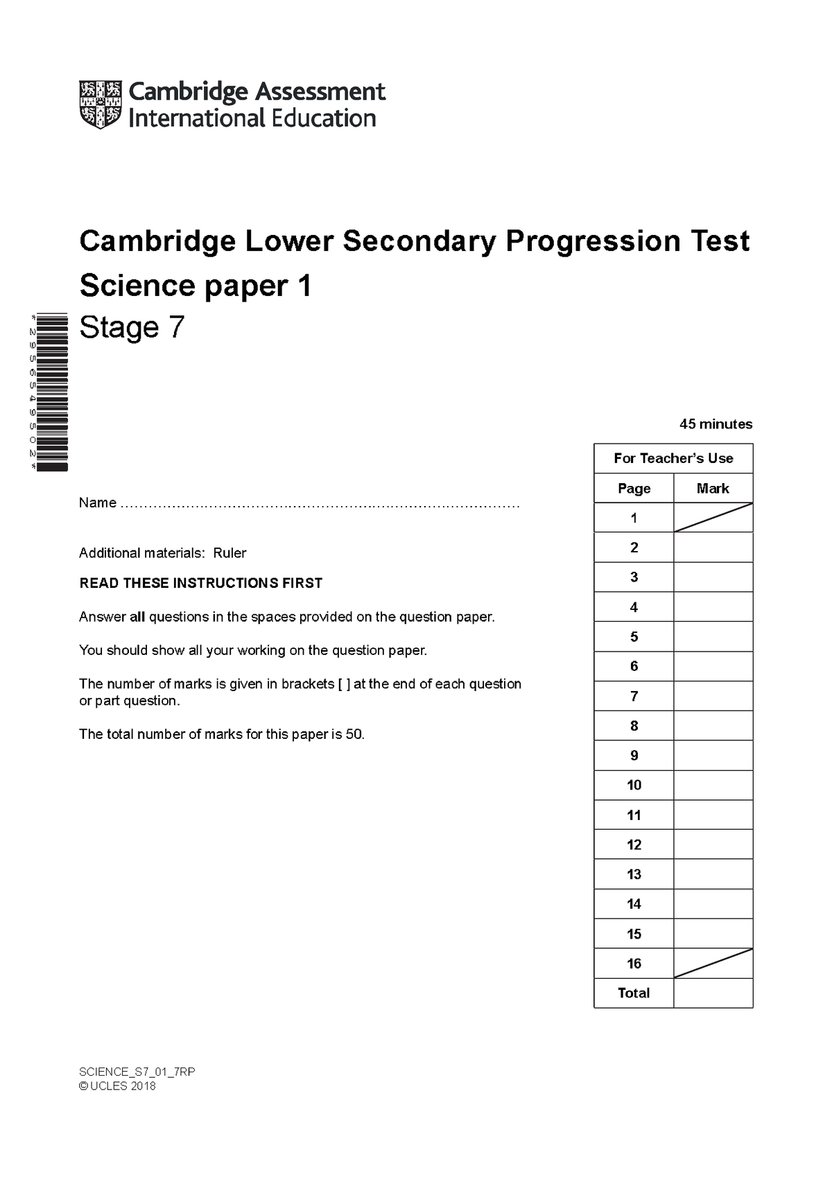 Cambridge Lower Secondary Progression Test Science Stage 7 Paper 1 Pdf ...