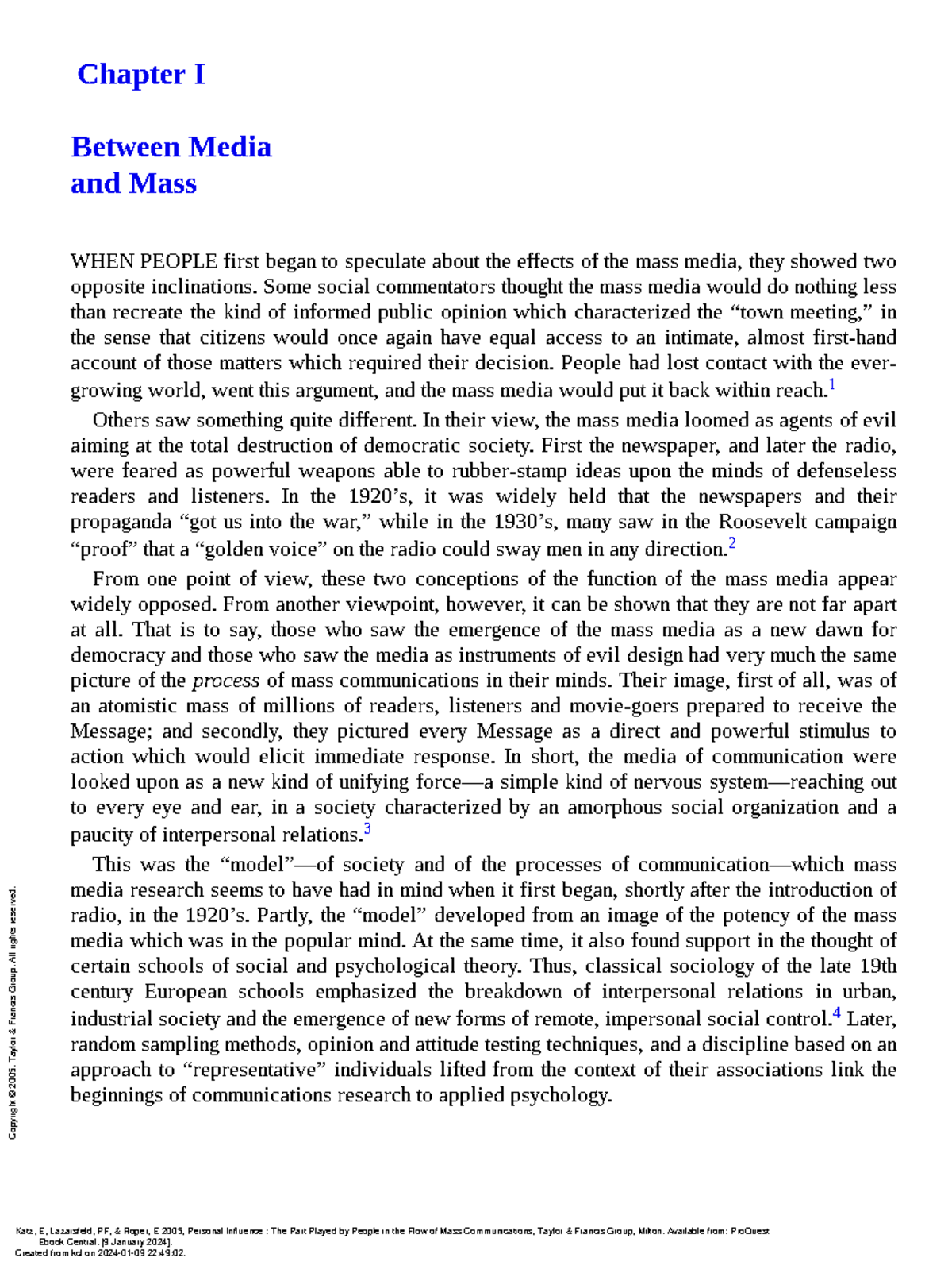 Ch 1 - reading week 1 - Chapter I Between Media and Mass WHEN PEOPLE ...