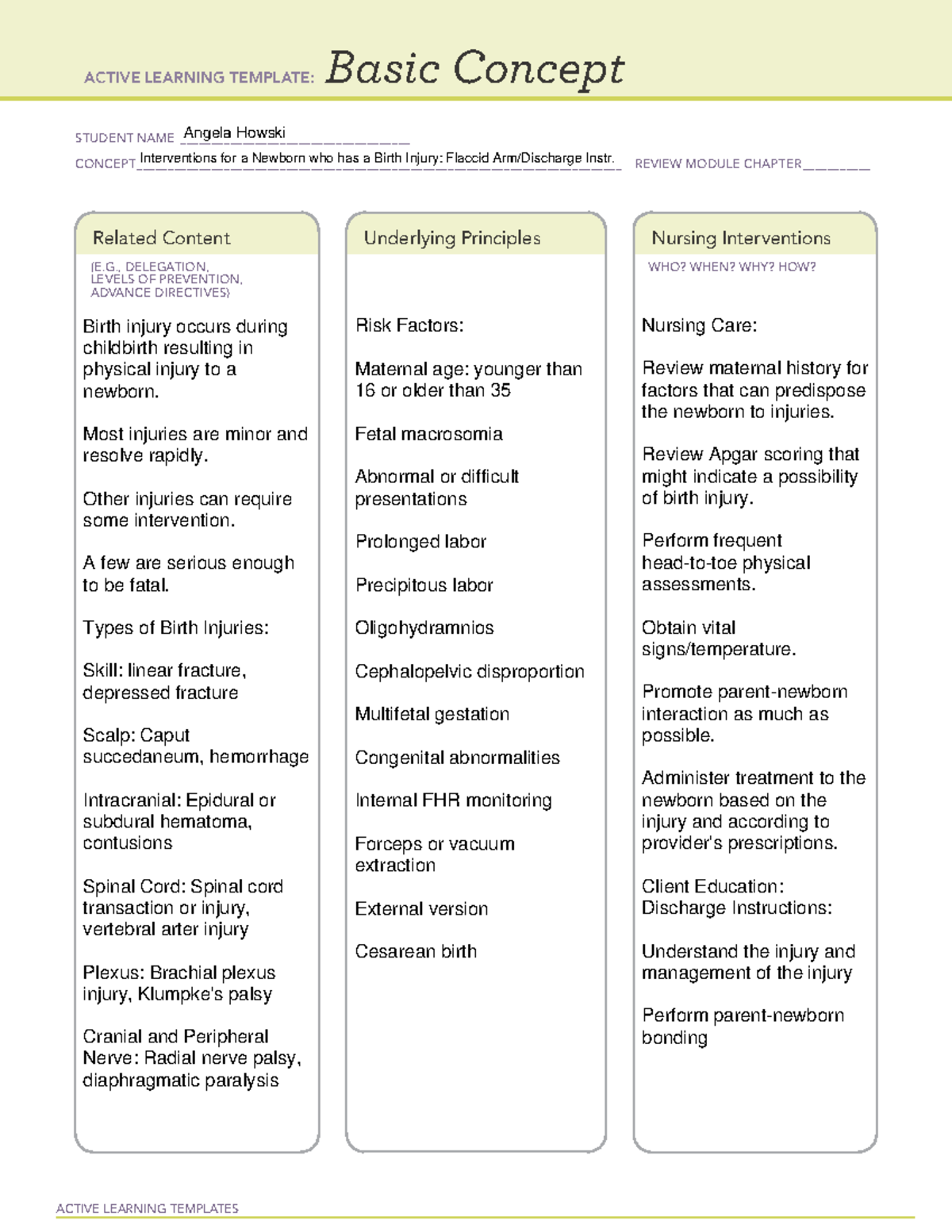 Remediation A Template Interventions for a Newborn who has a Birth