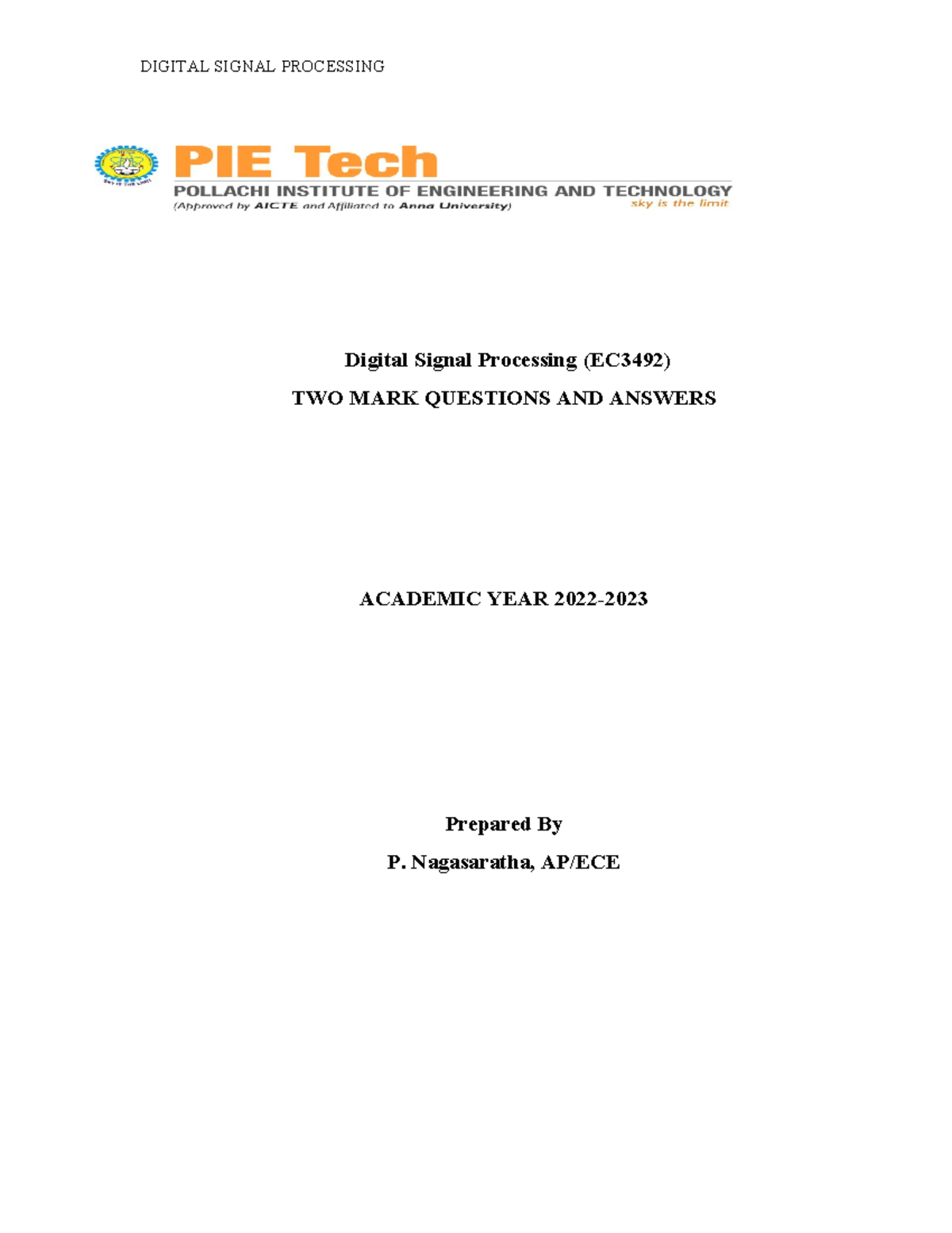 DSP Question BANK - Digital Signal Processing (EC3492) TWO MARK ...