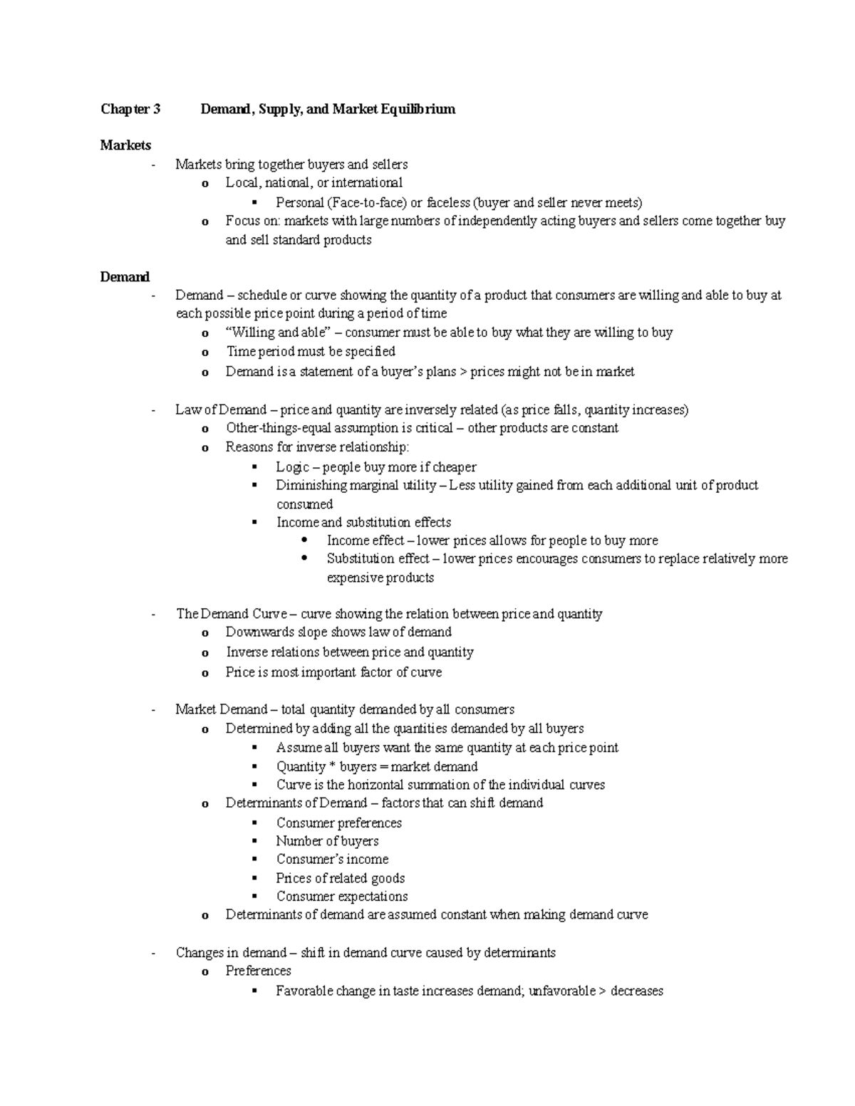 Chapter 3 Lecture Notes - Chapter 3 Demand, Supply, and Market ...