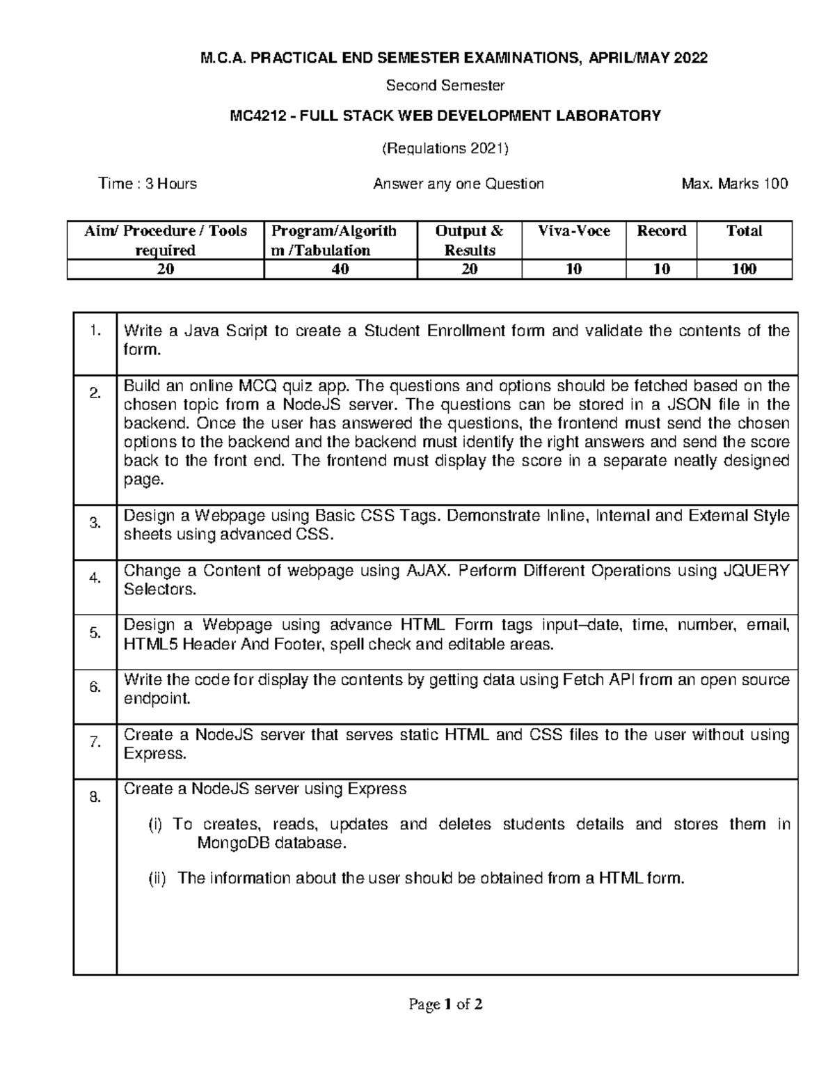 Fswd lab University question paper - Page 1 of 2 M.C. PRACTICAL END ...