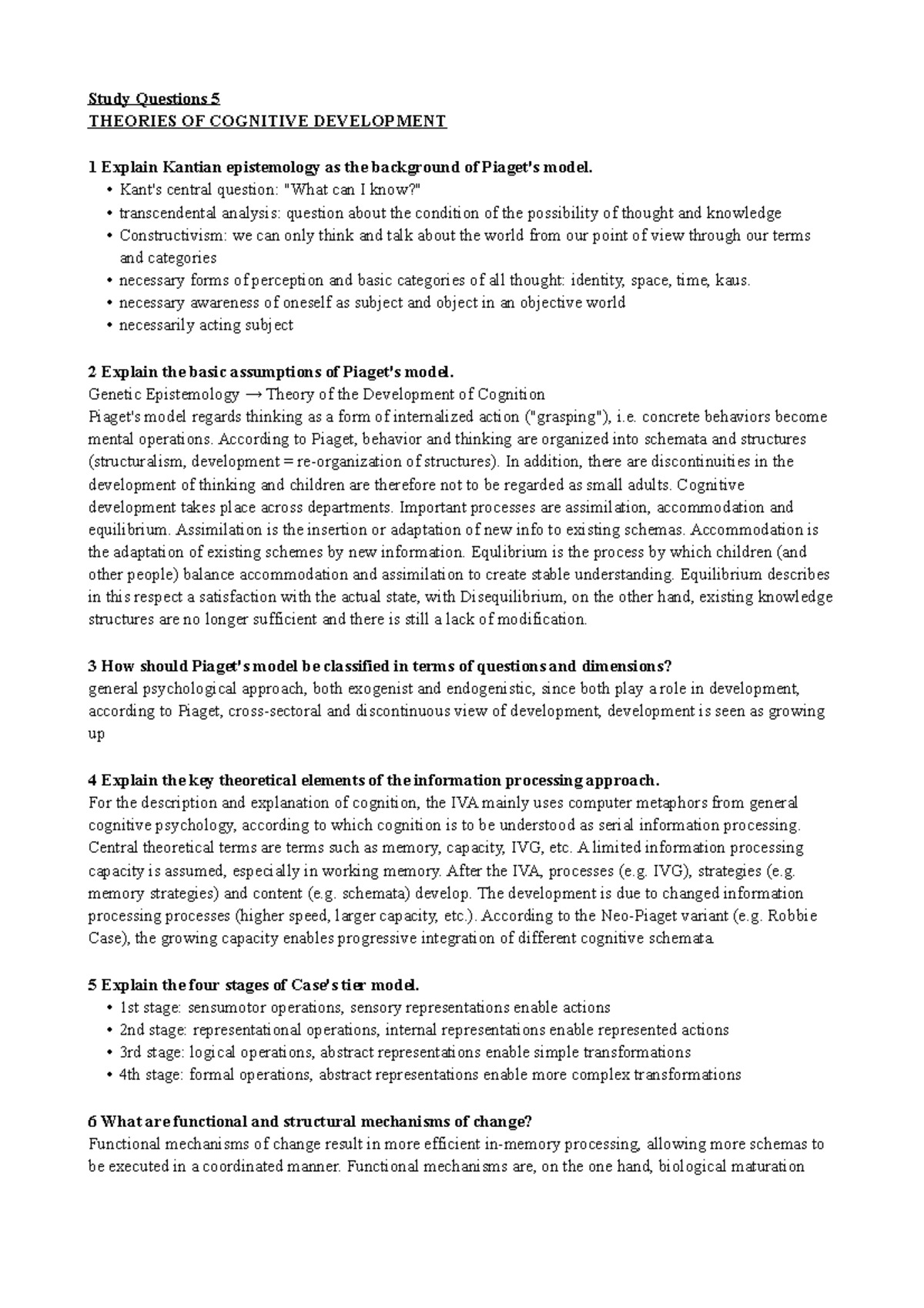 Study Questions 5 - Theories of cognitive development - Study Questions ...