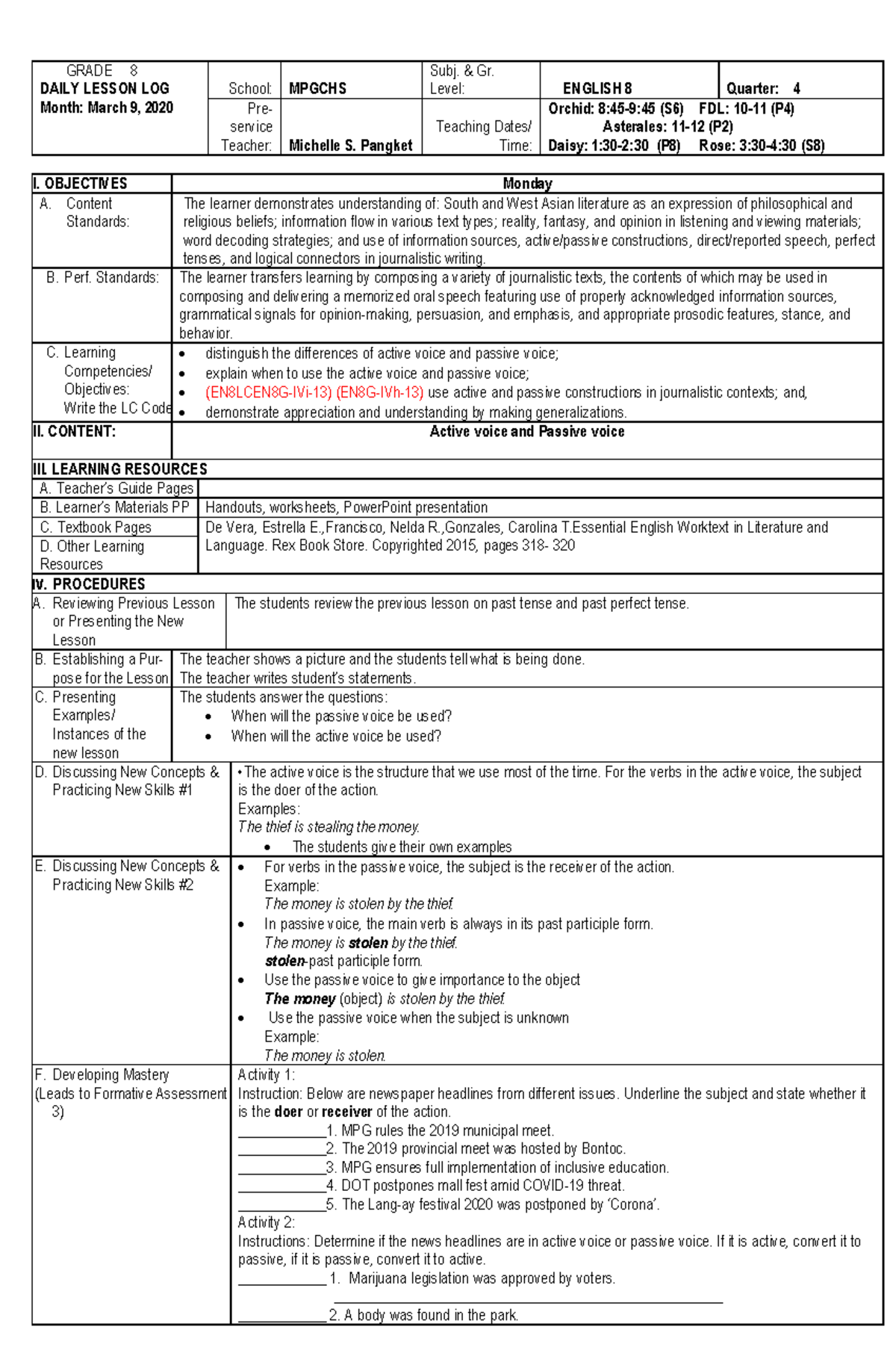 active voice/passive voice - GRADE 8 DAILY LESSON LOG Month: March 9 ...