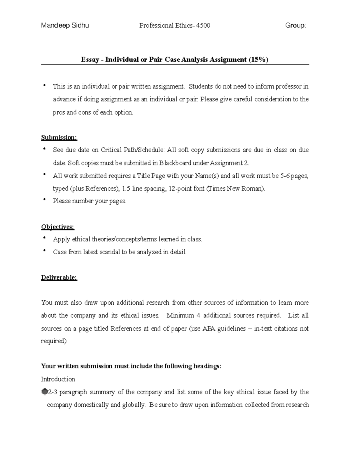 Essay - 15% individual or paired assignment - Mandeep Sidhu ...
